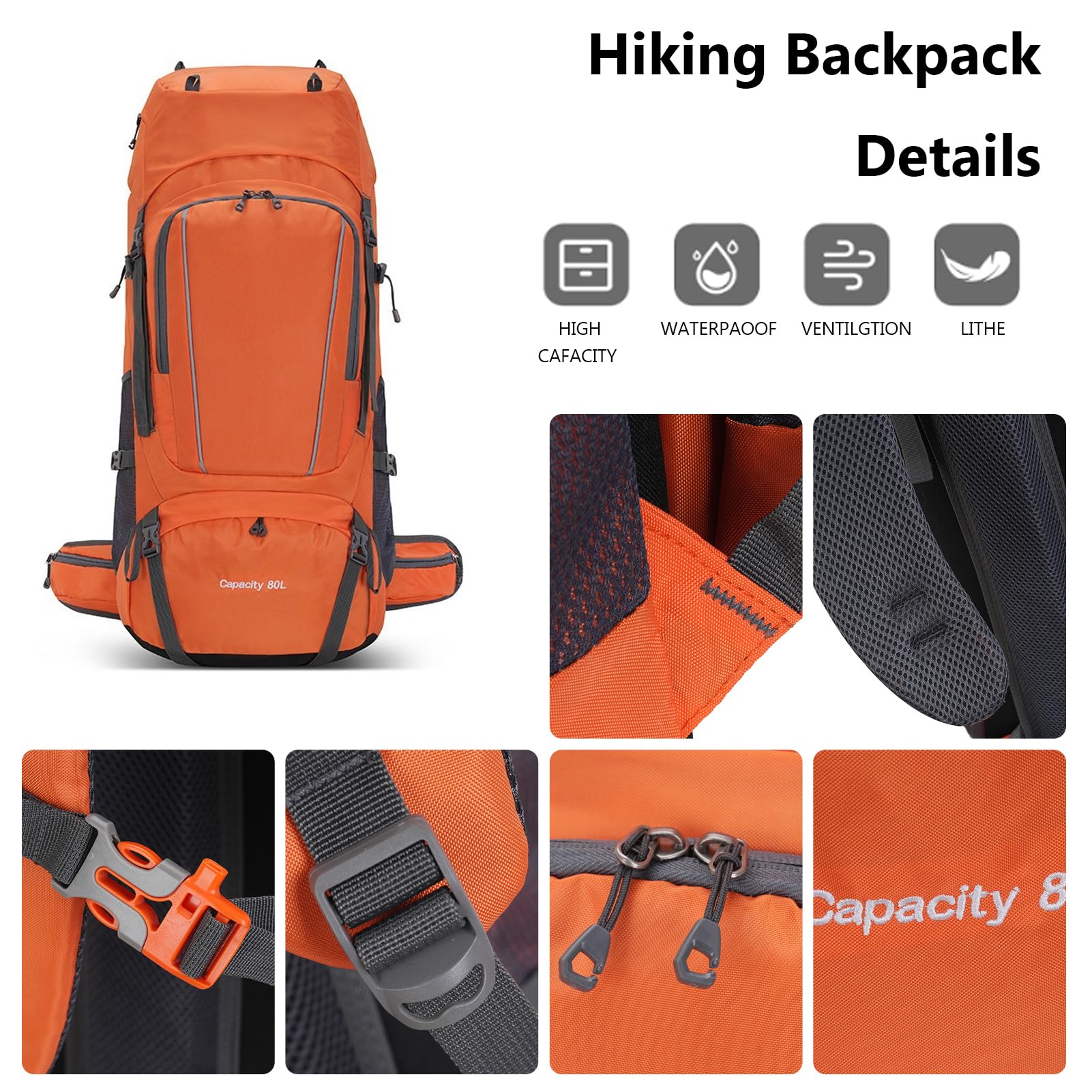 Zackpack Esterno 80L, Zaino per da Viaggio da Campeggio con Protezione della Pioggia e Design Traspirante, Tessuto Oxford e Poliestere, per Lo Zaino in Spalla Ed Escursioni