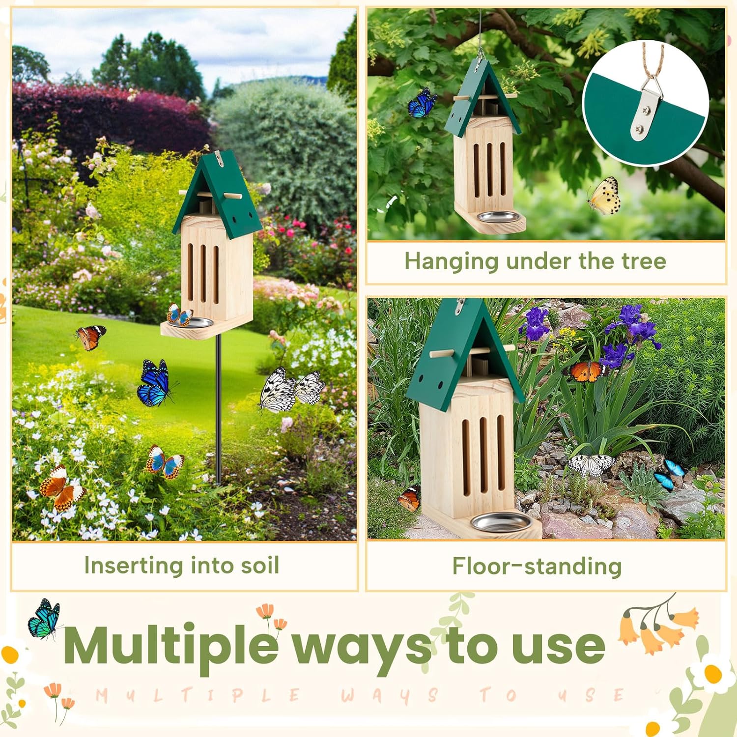Tandefio Butterfly House and Feeder for Outside Wooden Butterfly Houses for Garden Natural Butterfly Habitat and Butterfly Puddler with Metal Stake Easy Cleaning Conservation