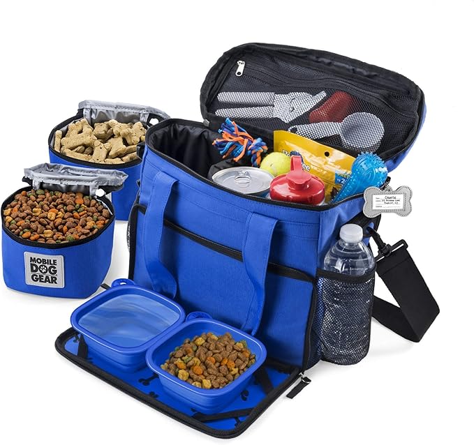 Mobile Dog Gear, Week Away Dog Travel Bag for Medium and Large Dogs, Includes 2 Lined Food Carriers and 2 Collapsible Dog Bowl, Meets Airline Requirements, Heathered Gray