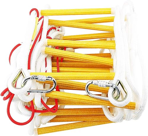 Miniatura 7 de ISOP Escalera de cuerda de evacuación de incendios de 32 pies con sistema de detención de caídas y ganchos de resorte, escaleras de rescate para