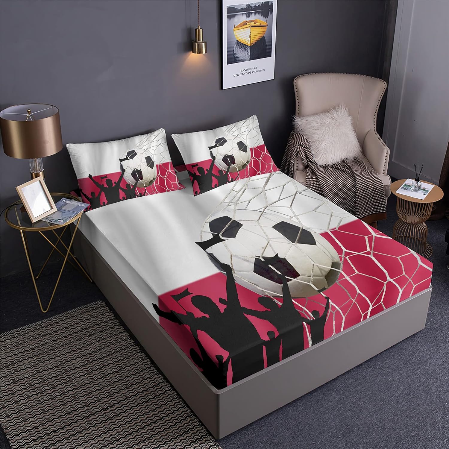Soccer Design Fitted Sheet Set Scotland Poland Portugal National Football Team Prints Bedding Set | with Fitted Sheet and 2 Pillowshams(3pcs) or Comforter(4pcs) (A,Twin-4PCS)
