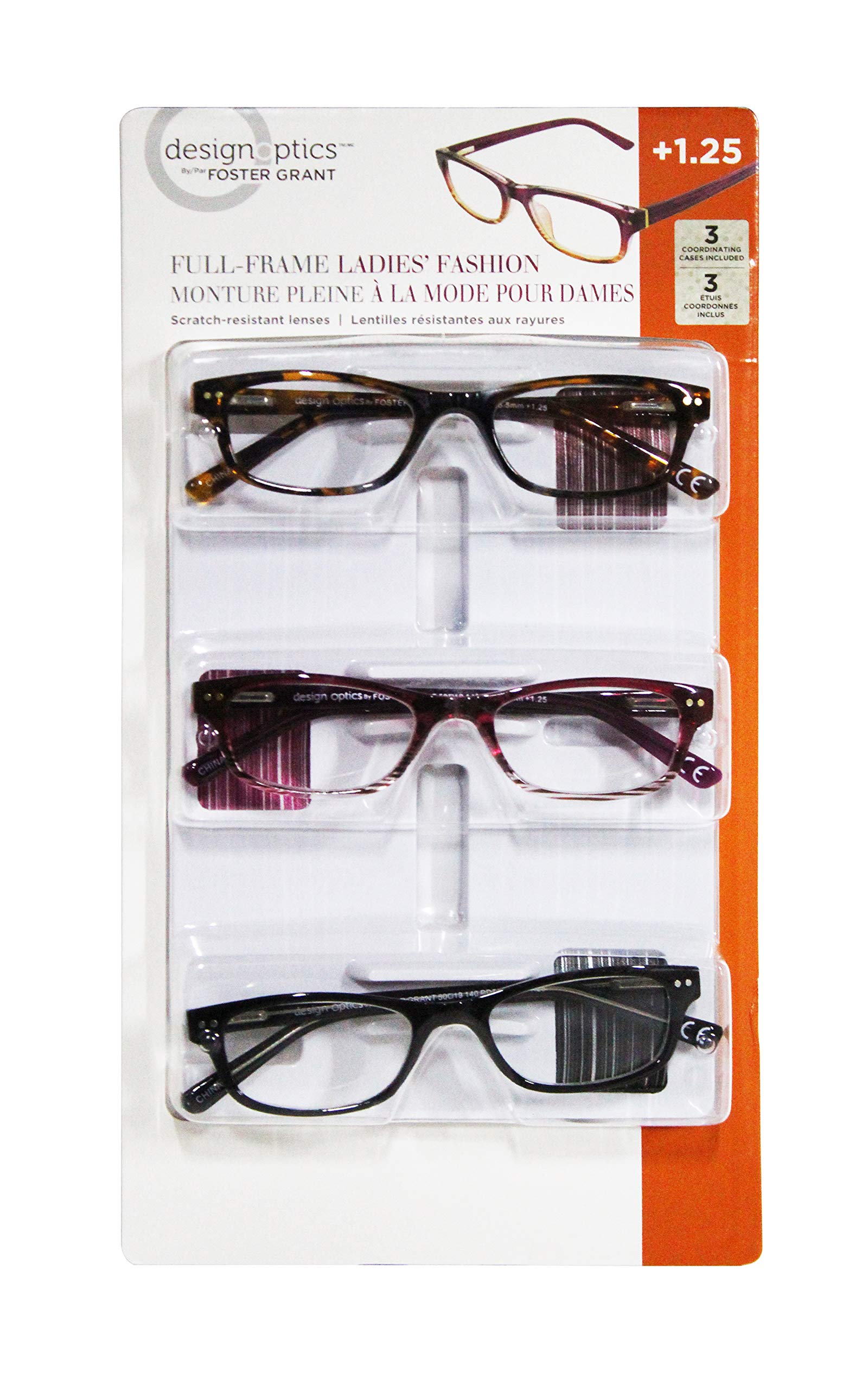 Foster Grant Design Optics full-frame classic Ladies Eye wear, pack of 3 (+1.25)