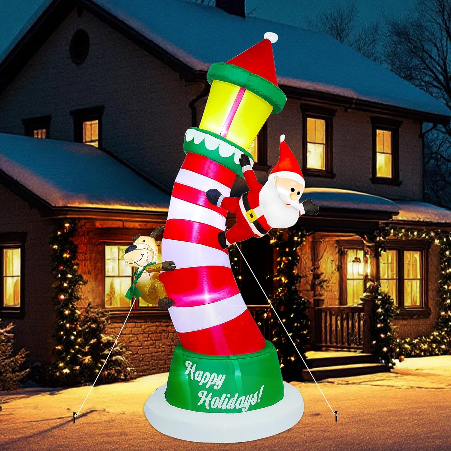 Lulu Home 9FT Christmas Inflatable Decorations, Giant Lighted Lighthouse with Santa and Reindeer, Xmas Blowups with Drawstring Bags for Winter Holiday Yard Lawn Garden Outdoor Decor