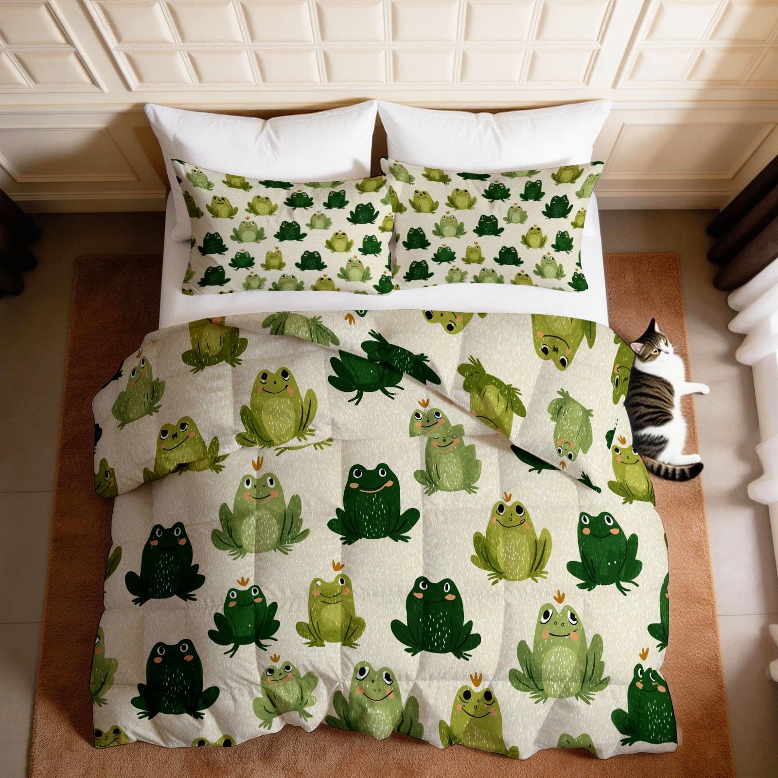 Bettdecke 200 x 220 cm 4 Jahreszeiten Cartoon Tiere Wende Steppdecke, Warme & Weiche Ganzjahresdecke Grün Frosch Krone ohne Bezug - Waschbar Schlafdecke mit 2 Kissenbezüge, für Kinderzimmer