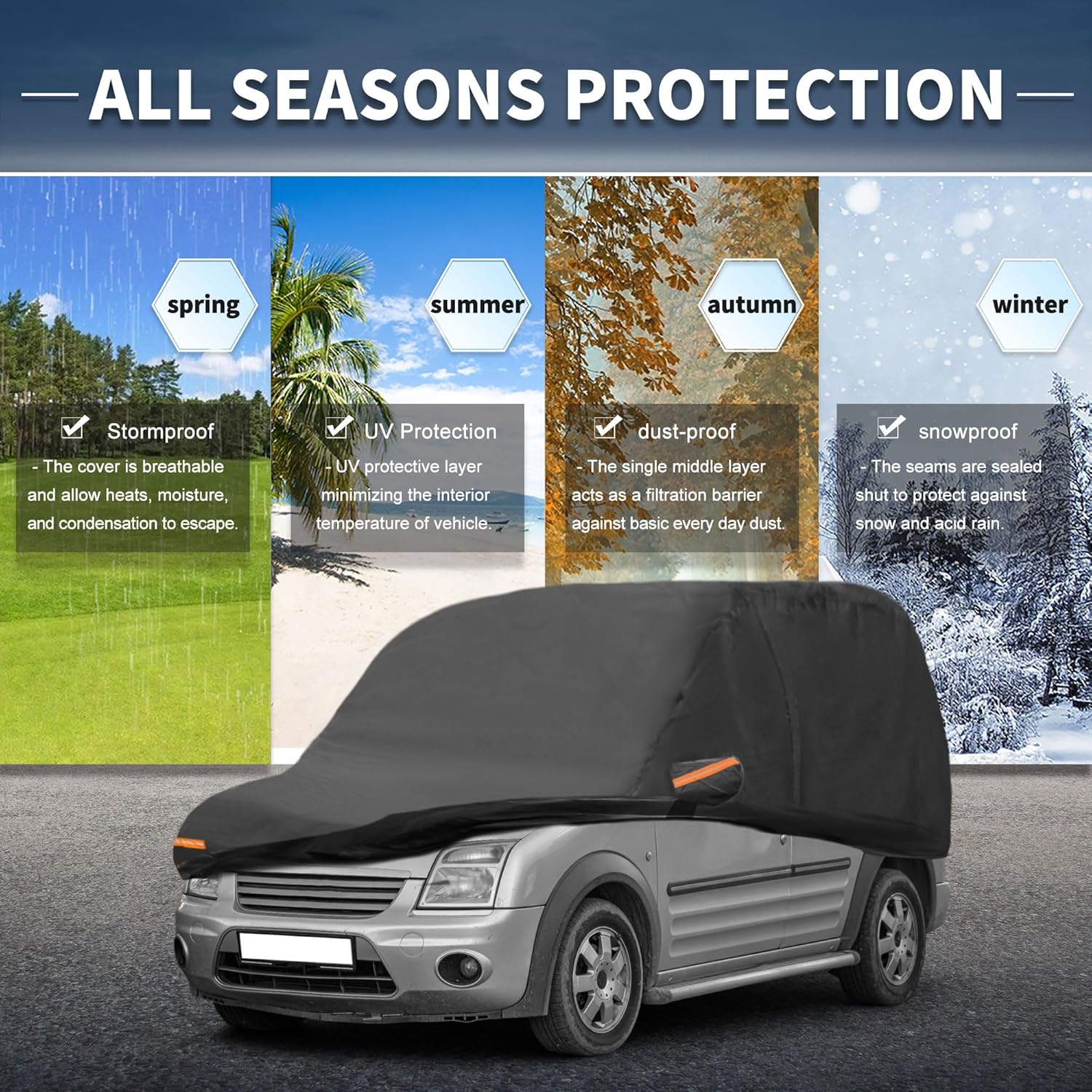 X AUTOHAUX Car Cover Outdoor Waterproof Sun Rain Snow Hail Protection with Left Side Door Zipper Aluminum Film for Ford Transit Connect
