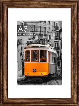 A3 Brown Picture Frame, Engineered Wood and Plexiglass, A3 Frame with Mount for A4 Prints, Photos, and Posters, Wall Mountable, 29.7x42cm Photo Frame