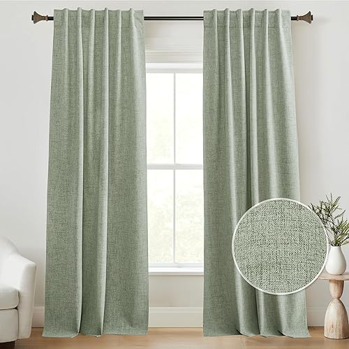 StangH Cortinas 100% opacas de lino verde salvia de 84 pulgadas de largo para sala de estar, cortinas texturizadas de lino con pestaña trasera con