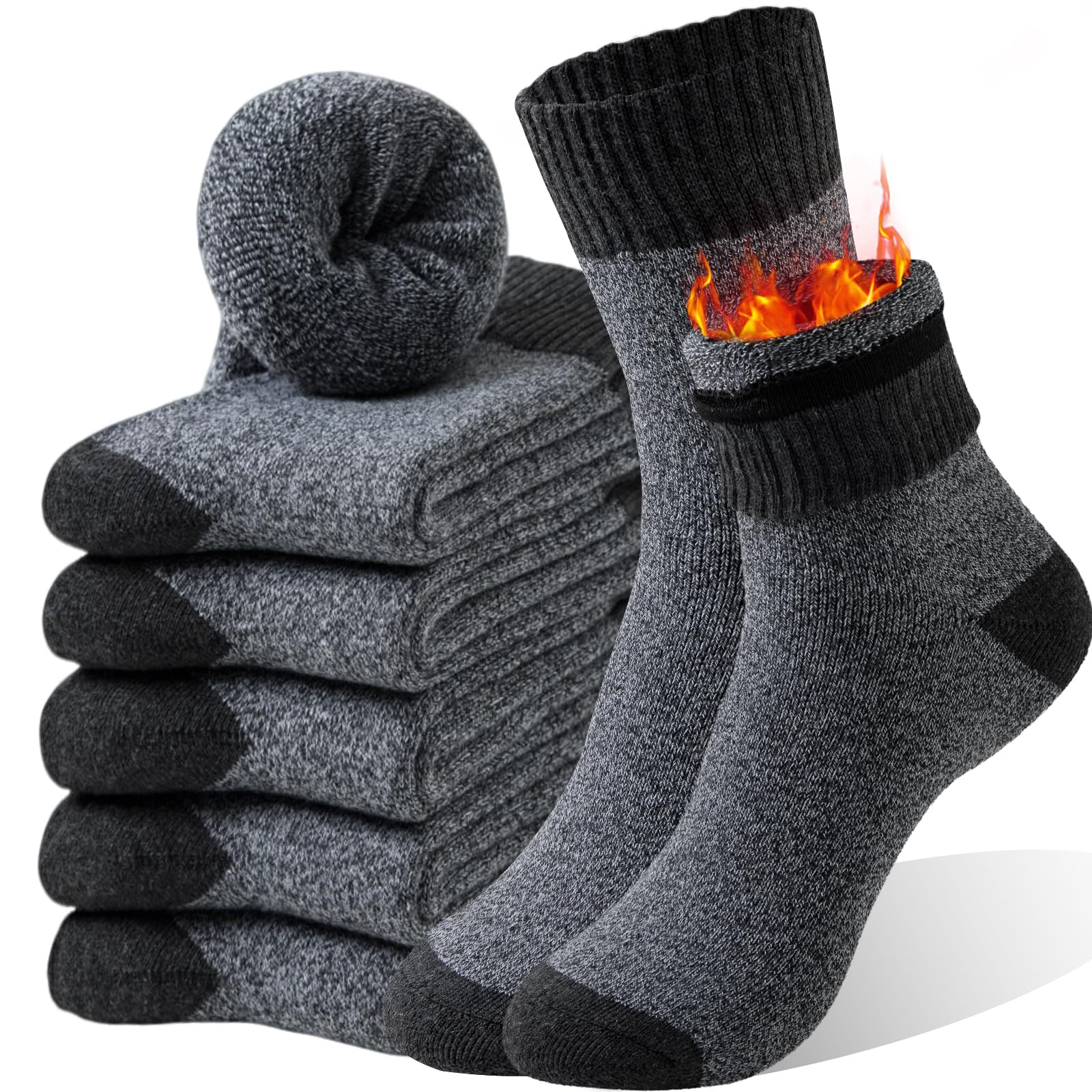 VoJoPi Mens Thermal Socks, 5 Pairs Warm Wool Winter Cozy Cushioned Thick Boot Socks For Hiking Walking Work Casual, Size 7-12