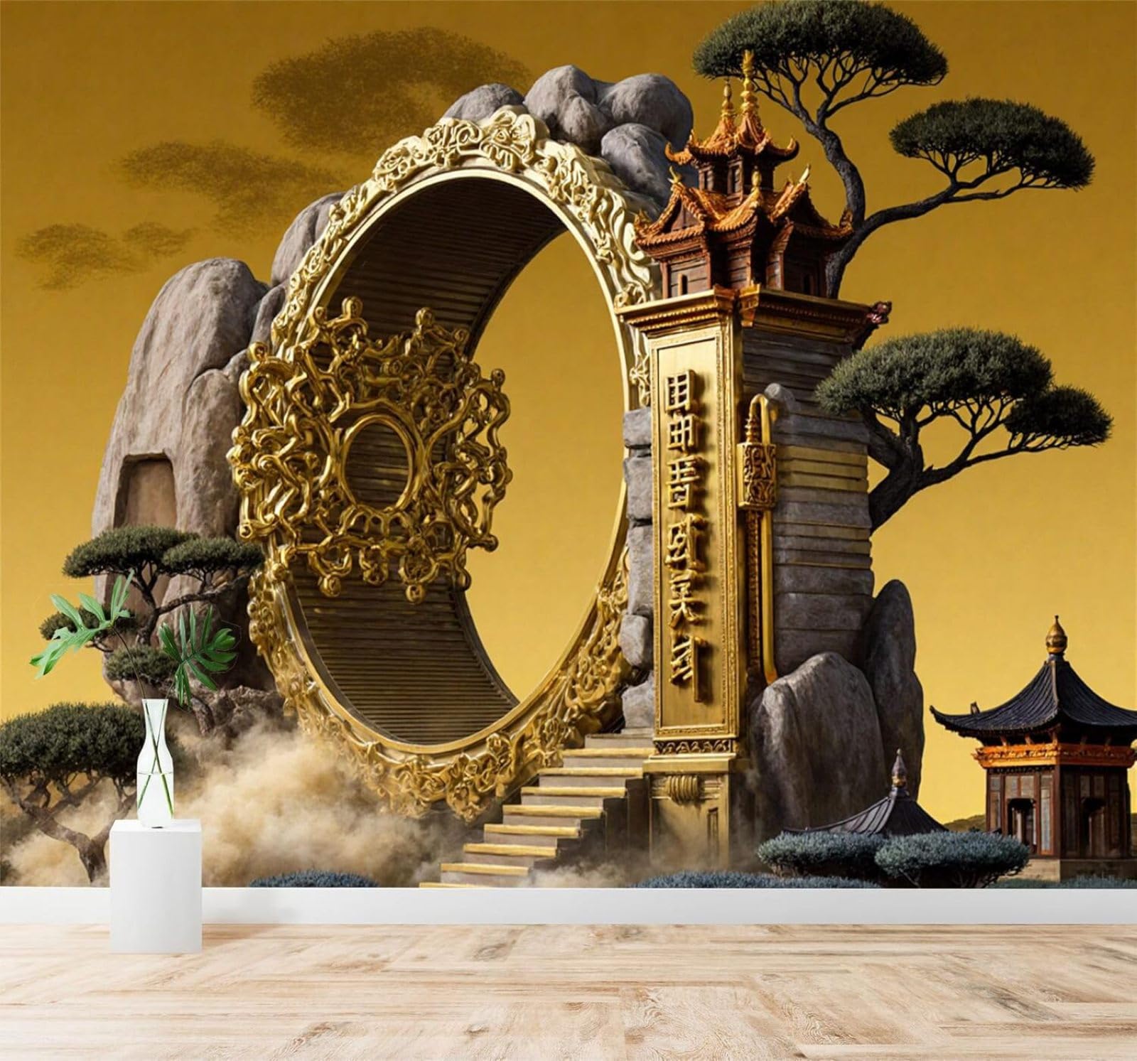 Xlming 400Cm×280Cm(B×H) Three Dimensional Luxurious Golden Pagoda Bonsai 3D Wallpaper Silky Texture Home Study Office Grey Dining Room Sofa Bedroom Living Room Tv Backdrop-400Cm×280Cm