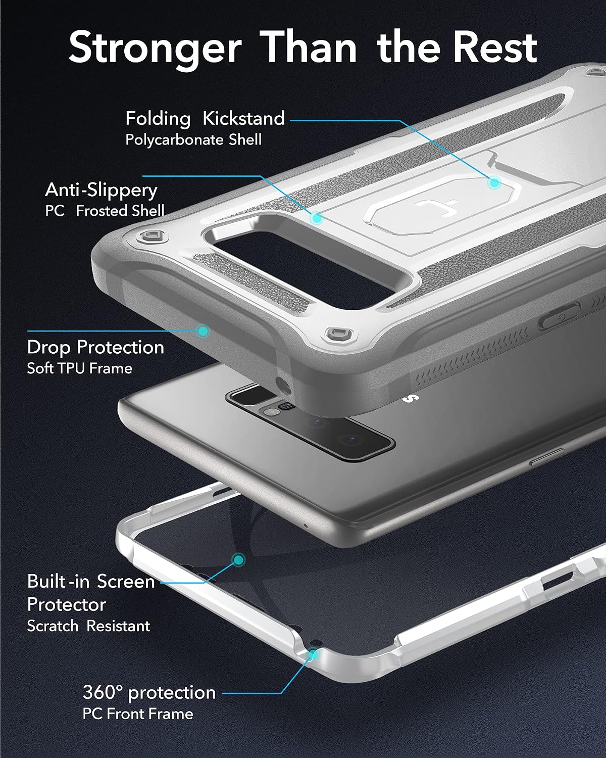 YOUMAKER Kickstand Case for Galaxy Note 8, Full Body with Built-in Screen Protector Heavy Duty Protection Shockproof Rugged Cover for Samsung Galaxy Note 8 6.3 Inch - White/Gray