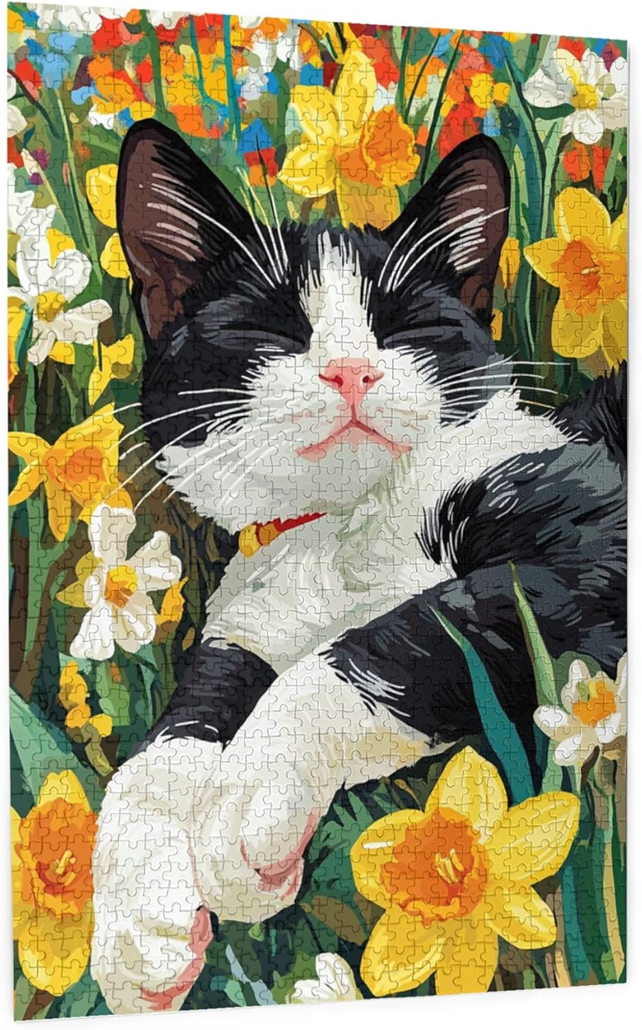 Spring Flowers Cat Puzzle – 1000 Piece Wooden Puzzle for Adults, Relaxed Black and White Cat Among Colorful Daffodils