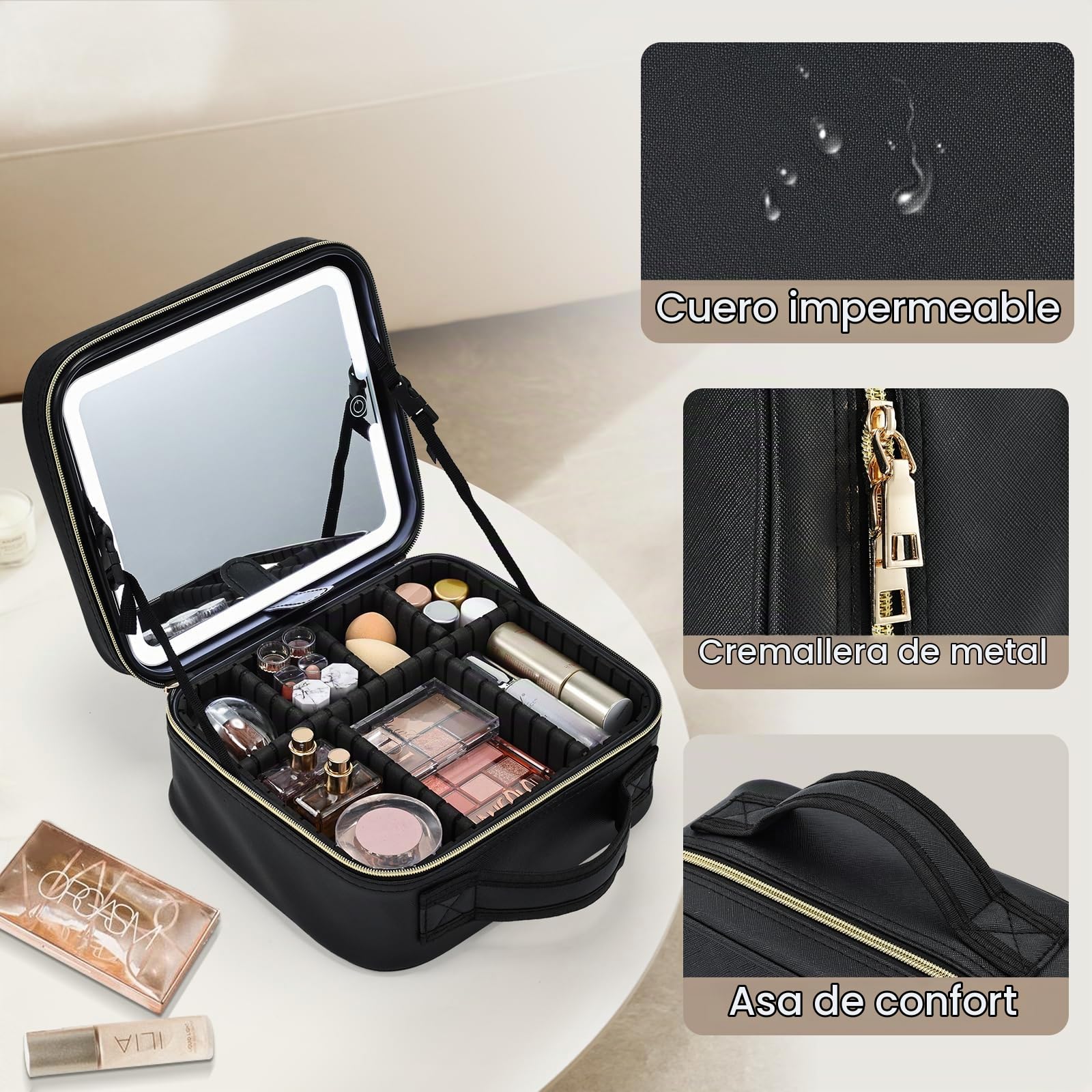 Neceser de Maquillaje Maletín de Maquillaje Gran Capacidad con Espejo Iluminado 3 Modos Organizador de Cosméticos Ajustable Estuche de Viaje para Mujer, Negro