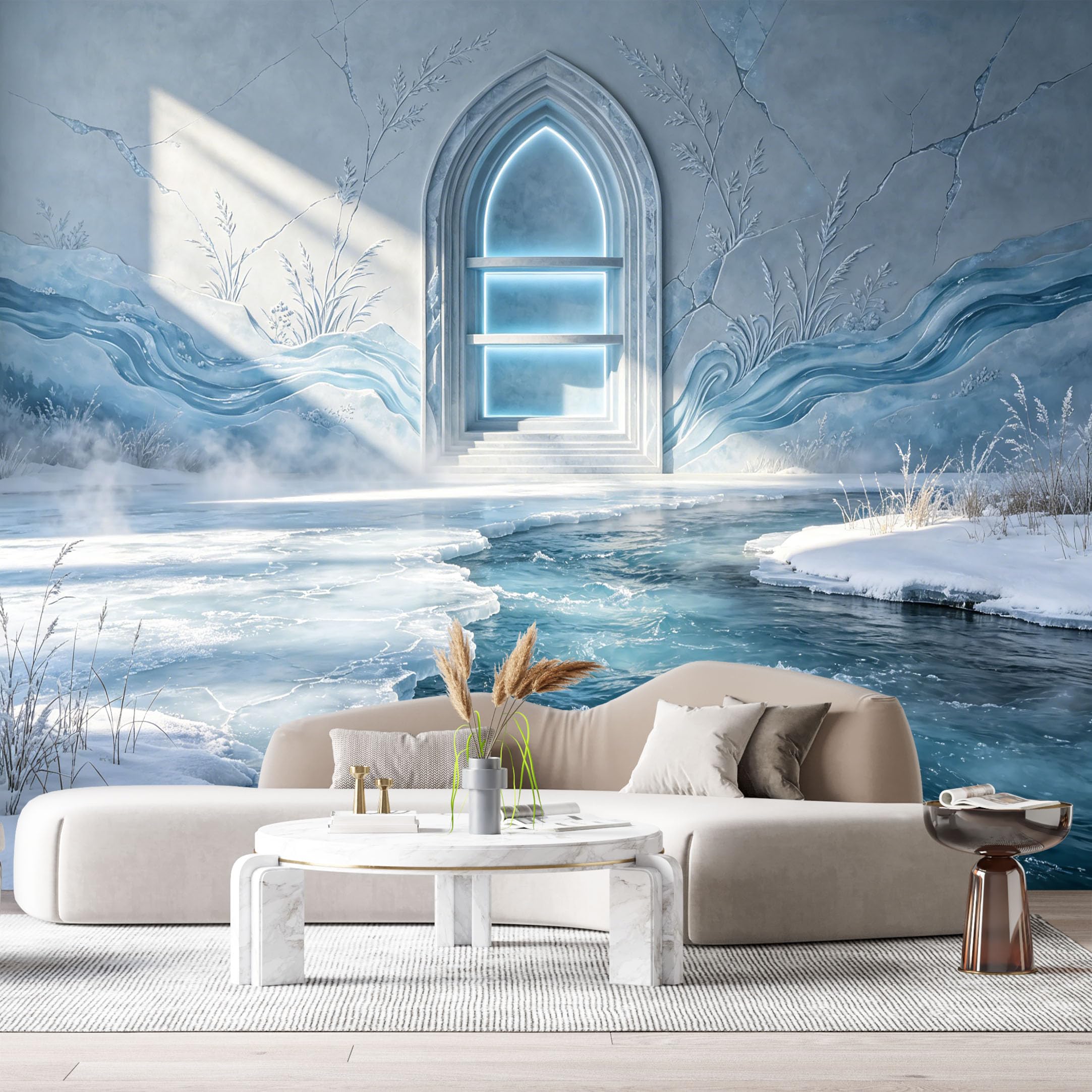 Custom Size Wall Murals Gothic Arch Blue Neon Winter Landscape 3D Trompe L'Oeil SelfAdhesiveWall Fabric Removable Wallpaper Wall Decor for Living Room Bedroom Bathroom