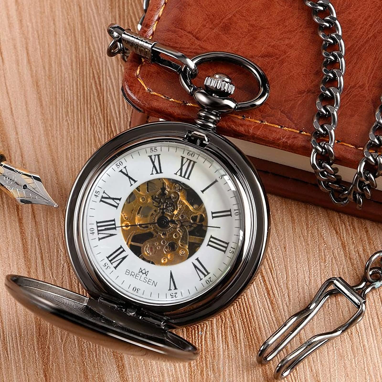 Brelsen Onyx Black Double Hunter Mechanical Pocket Watch