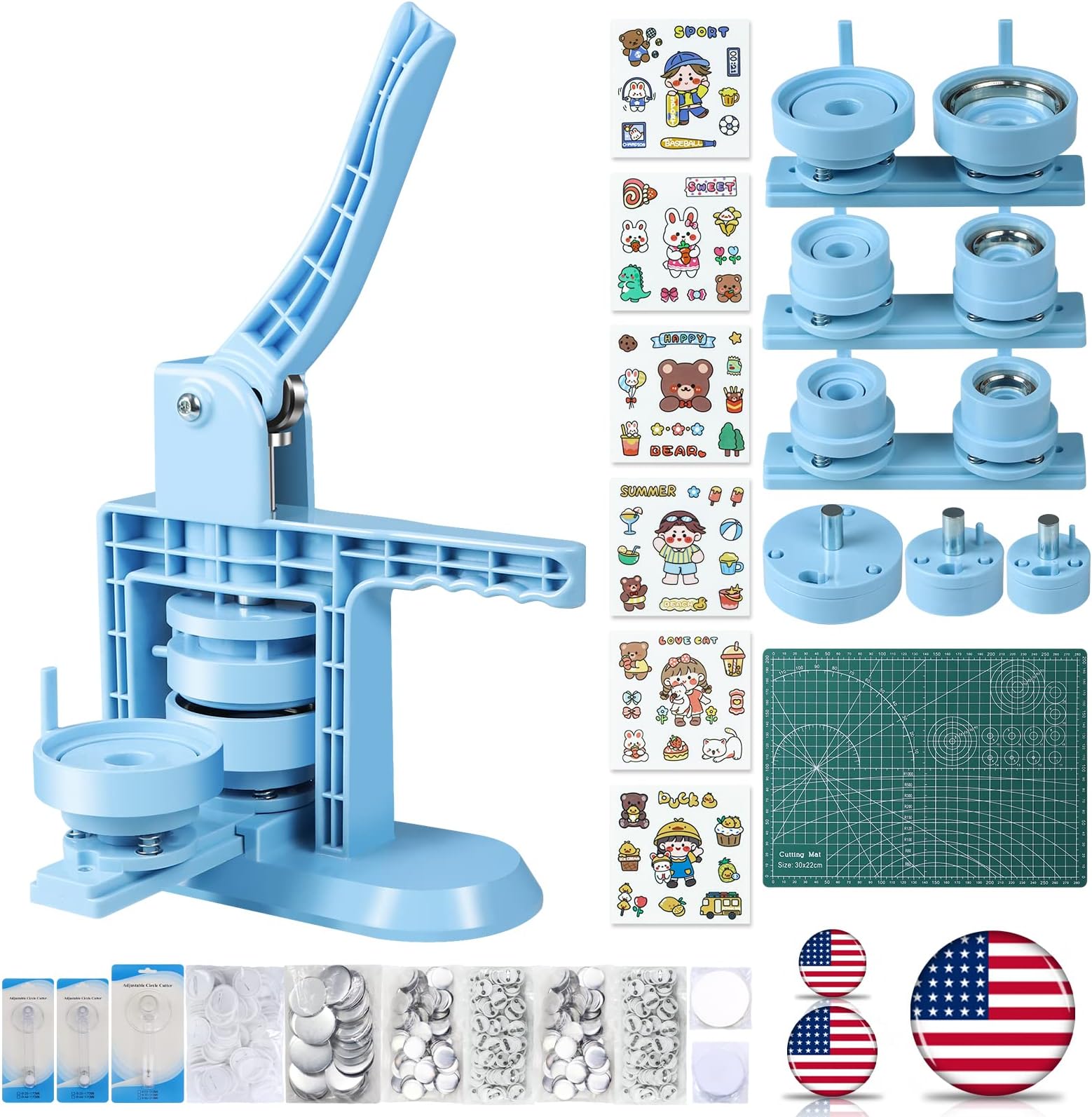 Button Maker Machine Multiple Sizes (4th Gen), Pin Maker 1+1.25+2.25 inch / 25+32+58mm, Badge Button Press Machine with Cutting Mat & 300 Sets Badge Making Supplies & Circle Cutter