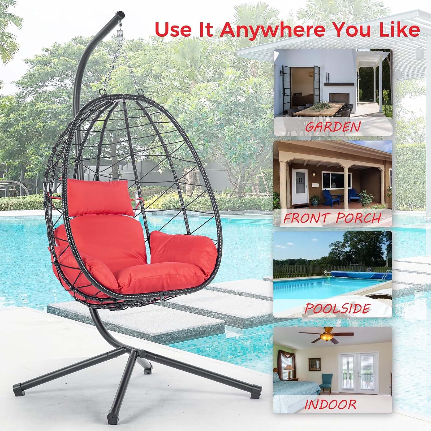 Hanging Egg Chair with Stand, Black Wicker Rattan Swing Egg Chair, Indoor Outdoor Swing Chair for Patio Balcony Porch Bedroom, 350 LBS Capacity (Red)