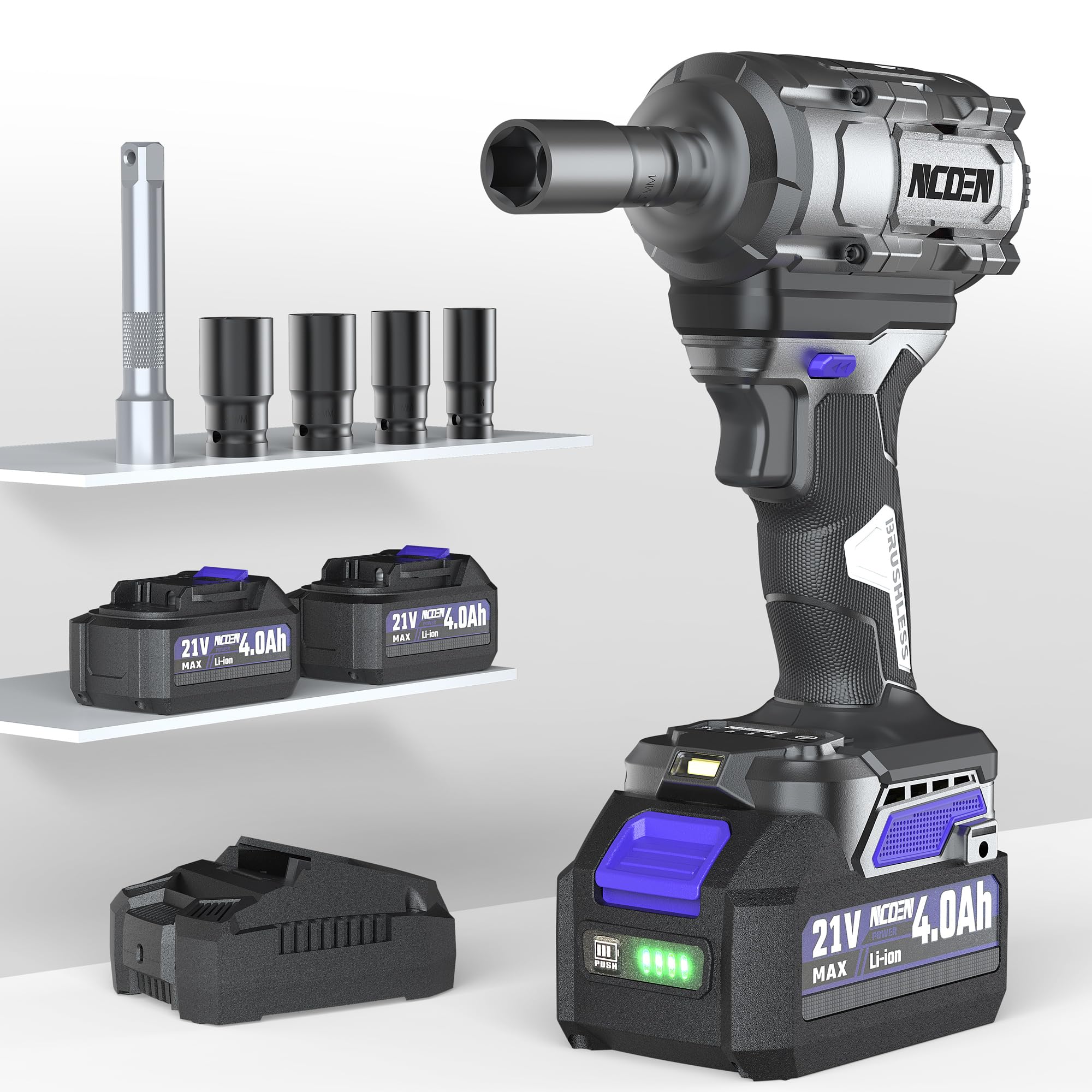 NCOEN 850Nm Cordless Impact Wrench 1/2 Inch Compatible with Makita 18V Battery, High Torque 628Ft/lbs, Variable Speed with 2x4.0 Ah Lithium Battery,