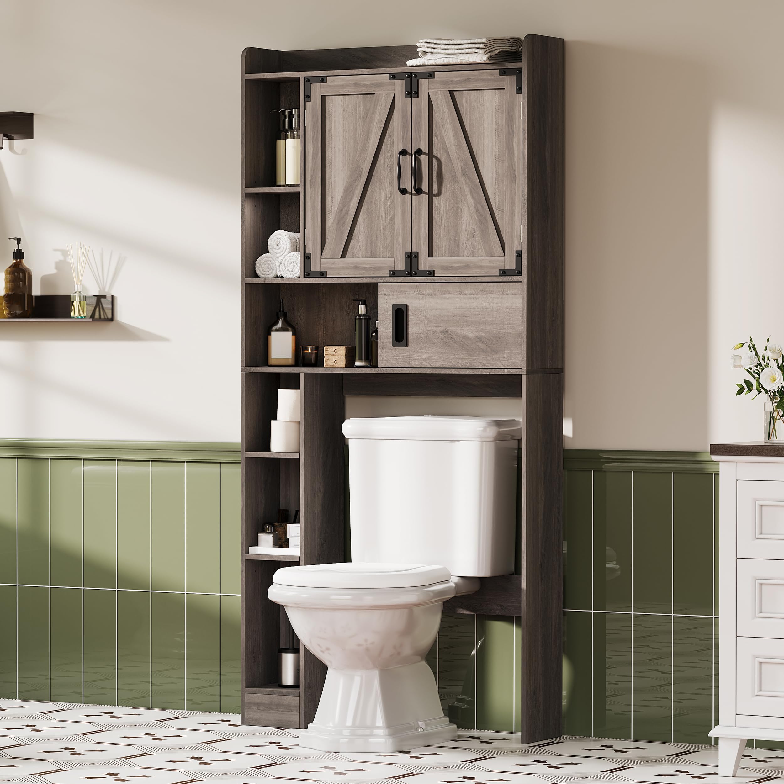 ChooChoo Over The Toilet Storage Cabinet, Farmhouse Bathroom Storage Cabinet with Sliding Door, Over Toilet Storage with Adjustable Shelves,