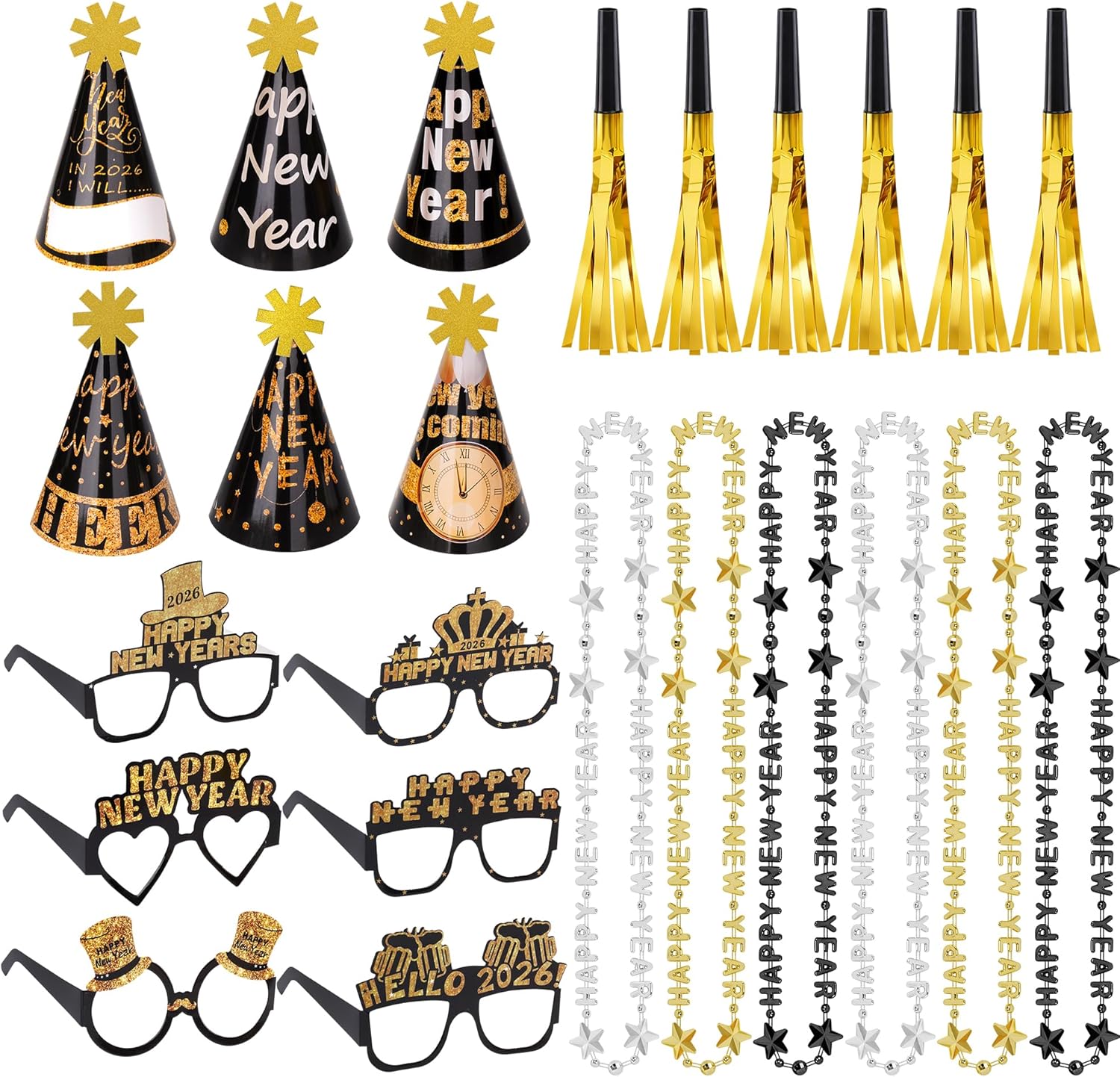 choyaxo 24pcs 2026 New Year Eve Party Supplies Incliuding Happy Next Year Headband News Year Eyeglasses Noise Makers Necklace for New Years Party