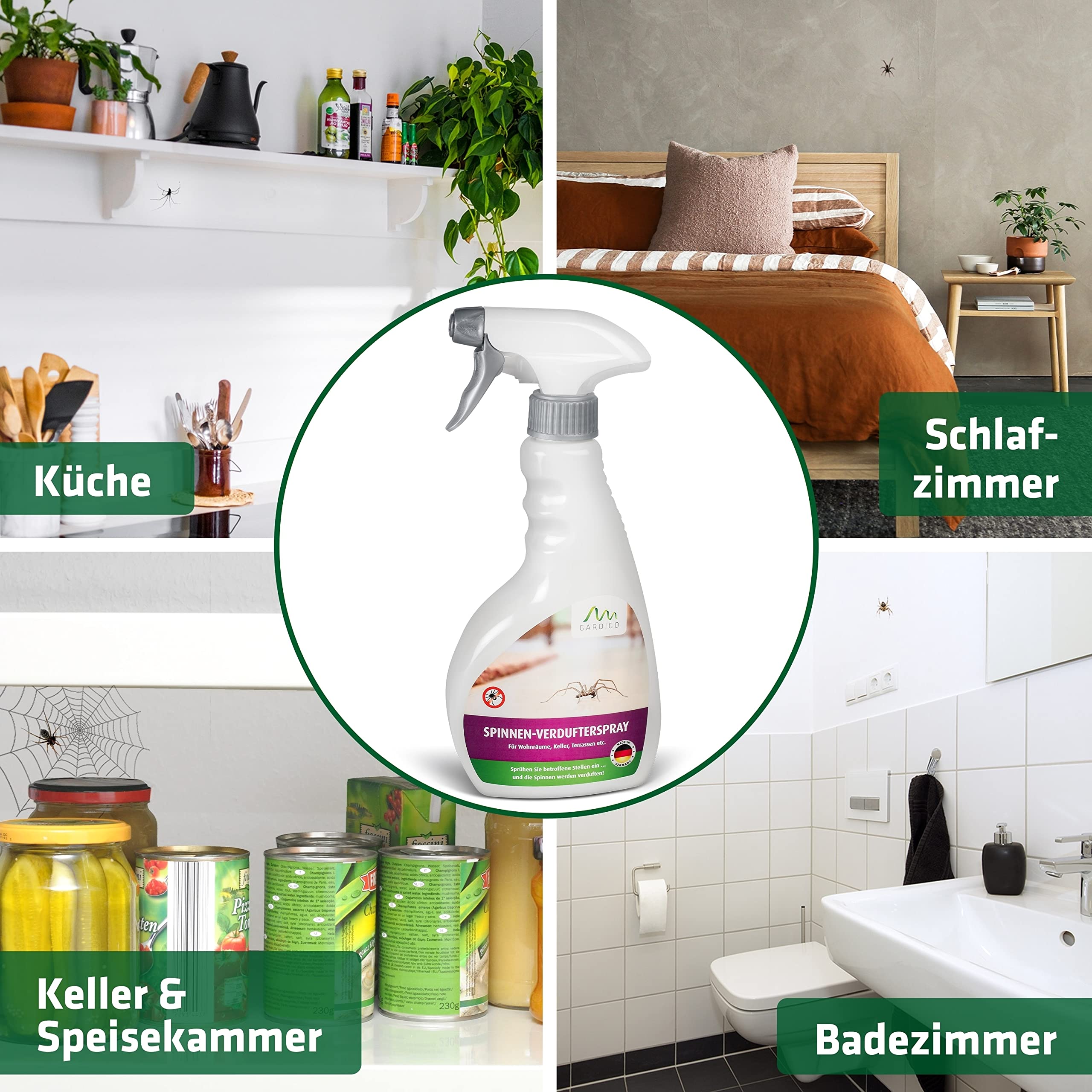 Gardigo Spinnenvertreiber Spinnenspray | Insektenspray zur präventiven Spinnenabwehr | Made in Germany | 500ml | Eukalyptus-Citriodora-Öl | Spinnen Spray für Küche Schlafzimmer Badezimmer Keller