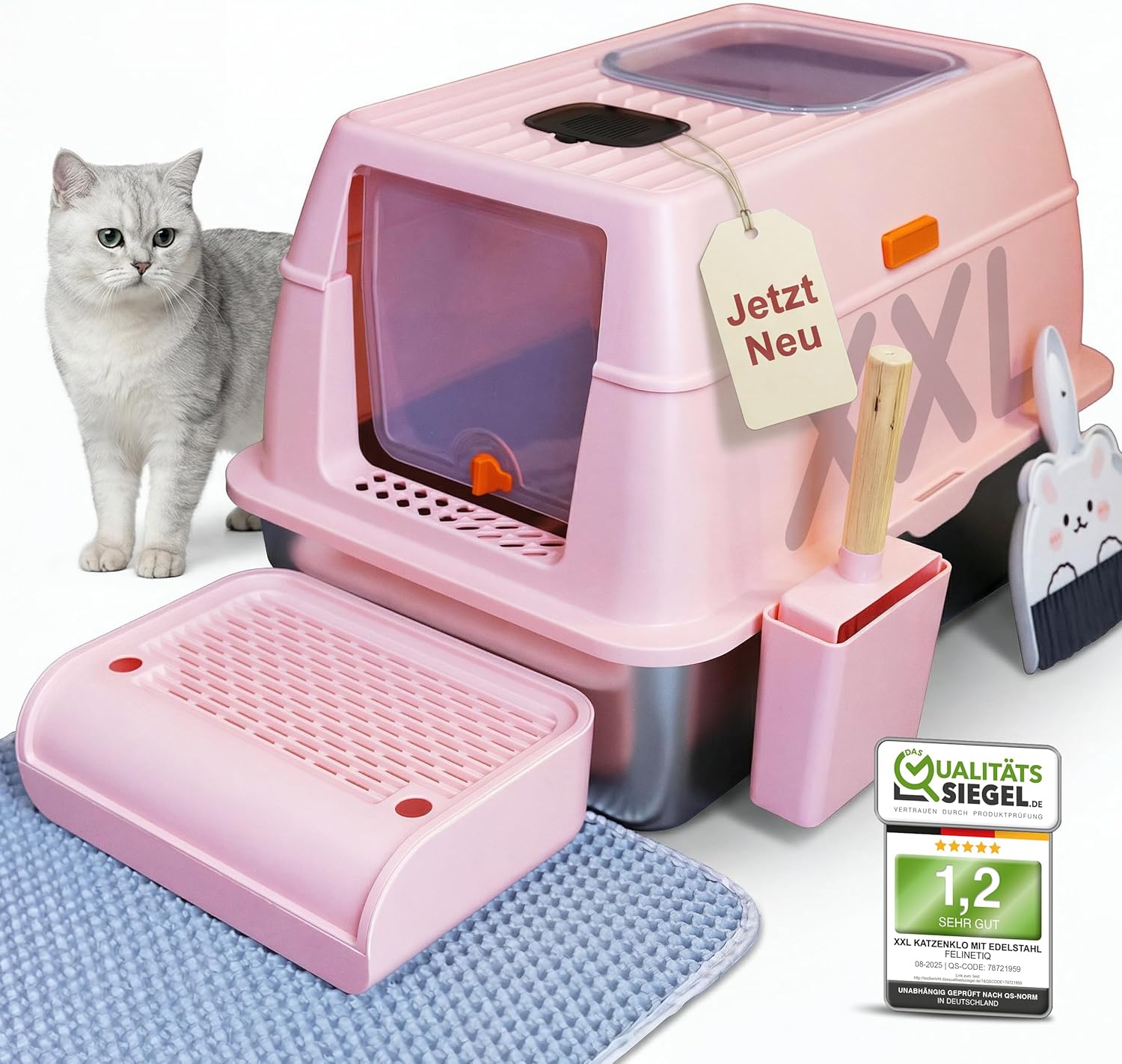3in1 Katzenklo Edelstahl mit Deckel XXL Komplett Set mit Doppeltzugang Katzenmatte Schaufel [geruchsdicht &amp; leichte Reinigung] Antibakterielle Katzentoilette mit E-Book für Katzenliebhaber