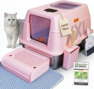 3in1 Katzenklo Edelstahl mit Deckel XXL Komplett Set mit Doppeltzugang Katzenmatte Schaufel [geruchsdicht & leichte Reinigung] Antibakterielle Katzentoilette mit E-Book für Katzenliebhaber