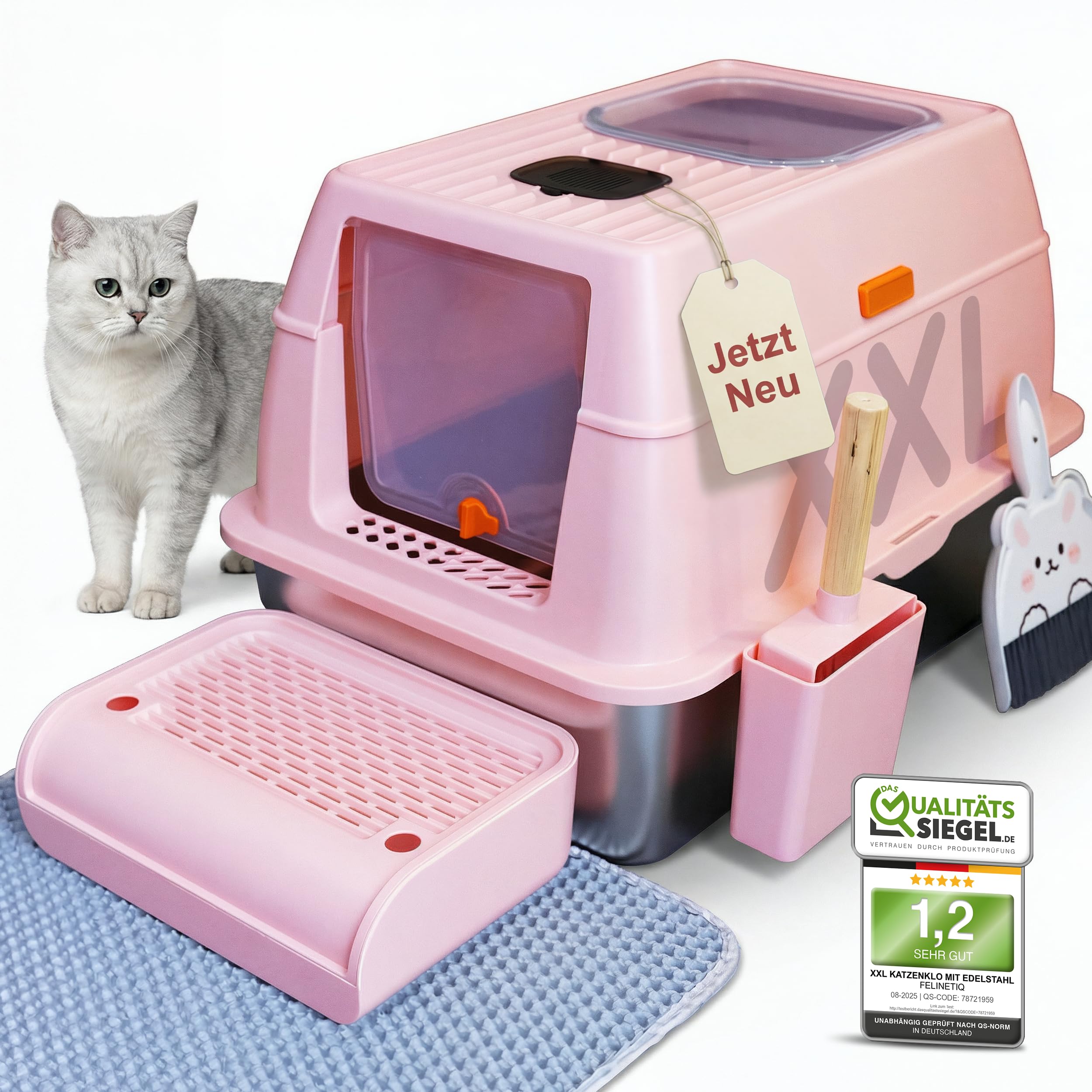 Felinetiq 3in1 Katzenklo Edelstahl mit Deckel XXL Komplett Set mit Doppeltzugang Katzenmatte Schaufel [geruchsdicht & leichte Reinigung] Antibakterielle Katzentoilette mit E-Book für Katzenliebhaber