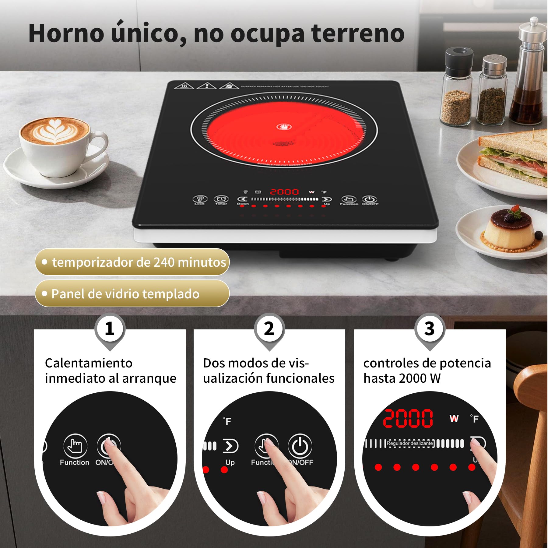 VBGK vitro portatil 1 fuego，220V 2000W placa vitroceramica con control táctil LED, 10 niveles de potencia, temporizador de 4 horas, bloqueo de seguridad y protección contra sobrecalentamiento.