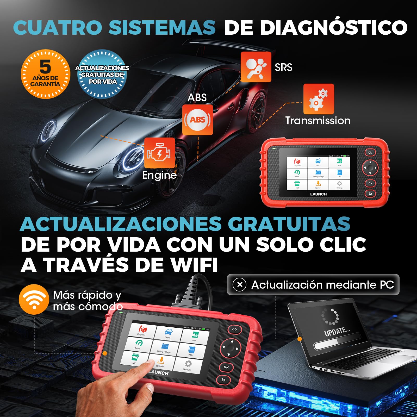 LAUNCH CRP123X V3.0 - OBD2 Diagnosis Coche Multimarca Profesional - Escáner 4 Sistemas, Reset EPB/DPF/Aceite, SAS/BMS/TPMS, Test de Batería, Lectura Vin con ACTUALIZACIONES Gratis DE por Vida