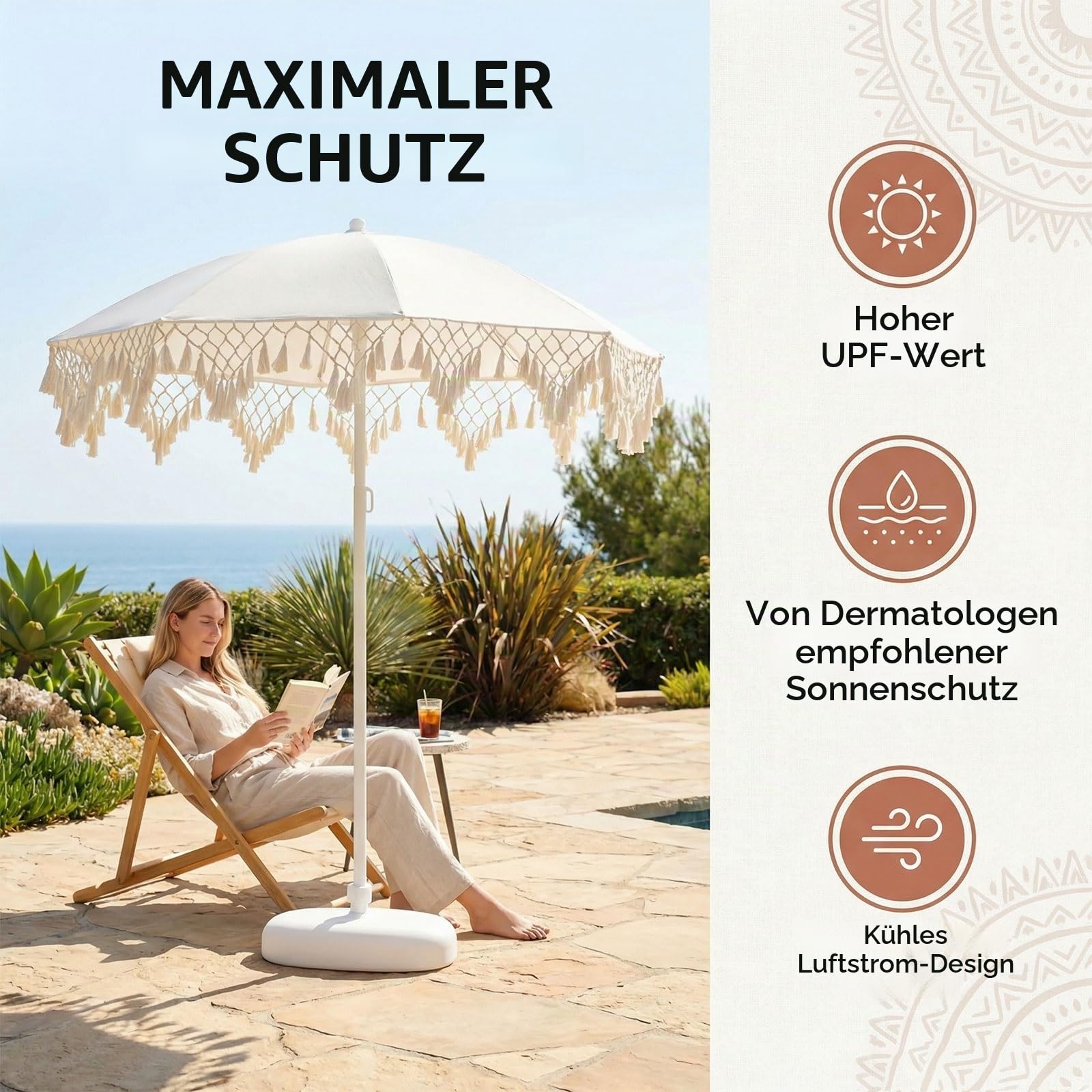 Boho Sonnenschirm mit Fransen | Gartenschirm Runden | Strandschirm UV 50+ | Wasserdicht Tischschirm | Marktschirm Für Garten Terrasse Pool Balconi Esterno | Milchweiß