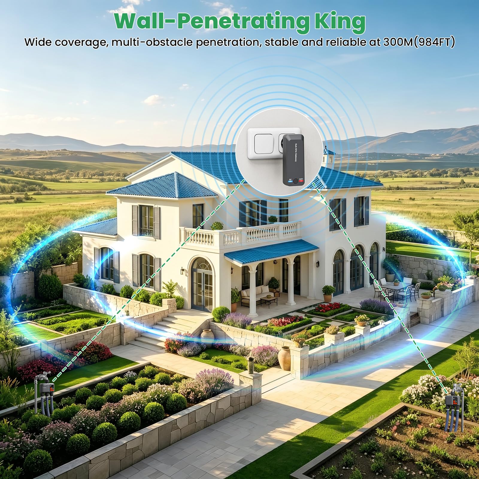 johgee Bewässerungscomputer WLAN 3 Ausgänge mit 300M RF-Technologie & starke Wanddurchdringung, Bewässerungscomputer Smart mit Alexa & Smart Life App, Automatischem Bewässerungssystem für Garten Rasen