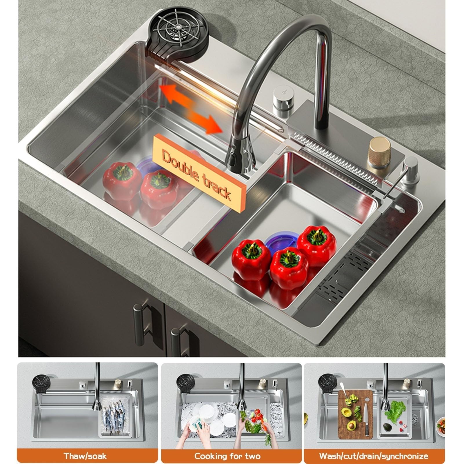 Zlewozmywak kuchenny ze stali nierdzewnej z wyciąganą baterią, pojedynczą wanną, konstrukcja wodospadu, styl drop-in, pralka ciśnieniowa (68 x 45 x 21 cm) - Dodano trwałe i eleganckie
