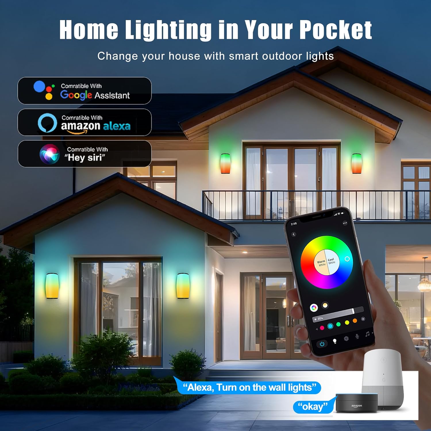 Outdoor Wall Lights, RGBICWW Smart Outdoor Light Fixture, 2400LM LED Porch Light, Modern Outdoor Wall Sconce Tunable White, IP65 Waterproof for Outdoor Decor, Christmas Decor, 1 Pack