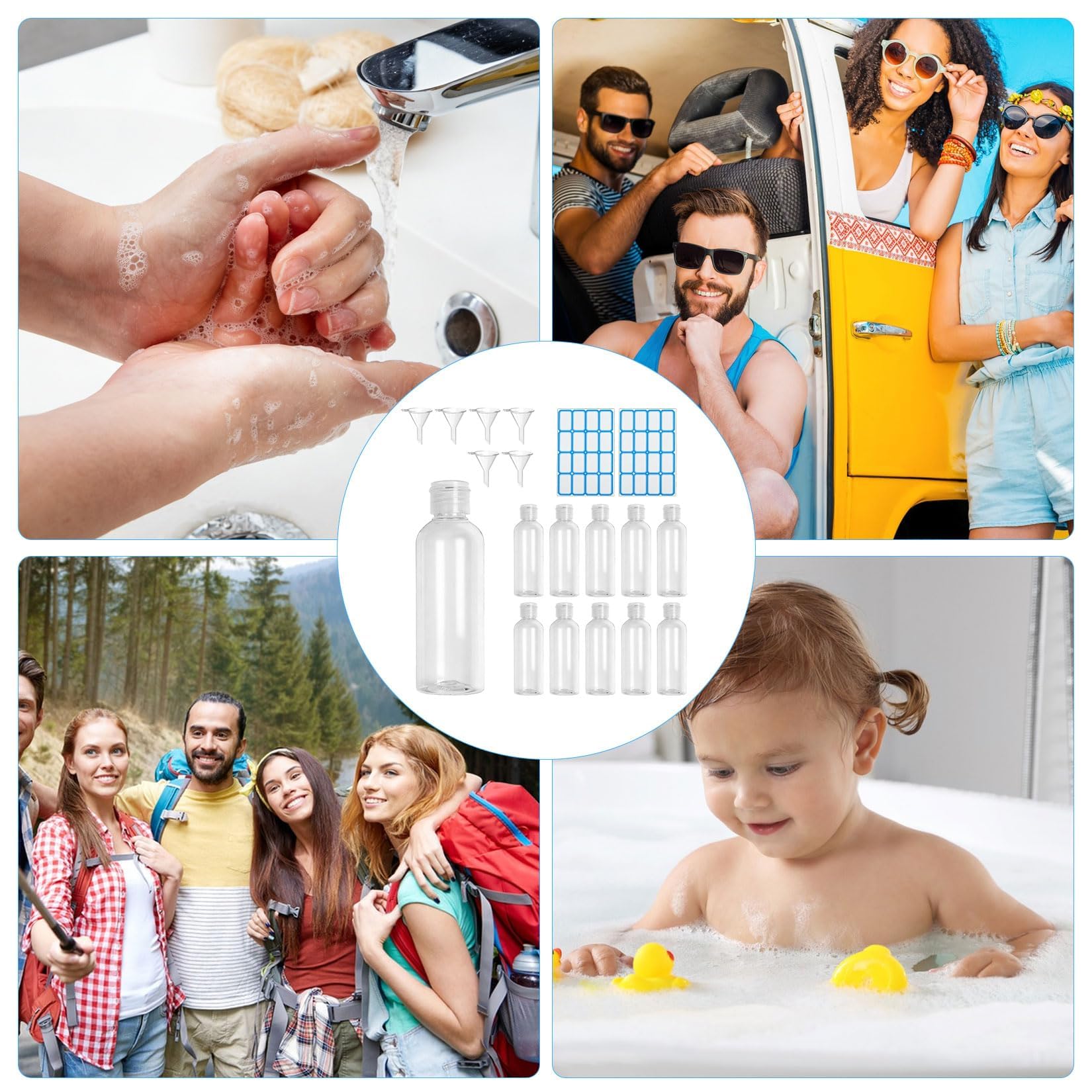 11 Pz Flaconi da Viaggio 100 ml, Kit Viaggio Aereo, Bottiglie Vuote Ricaricabili per Articoli da Toeletta, Cosmetici, Shampoo, Lozioni, Liquidi, con 6 Imbuti, 2 Etichette