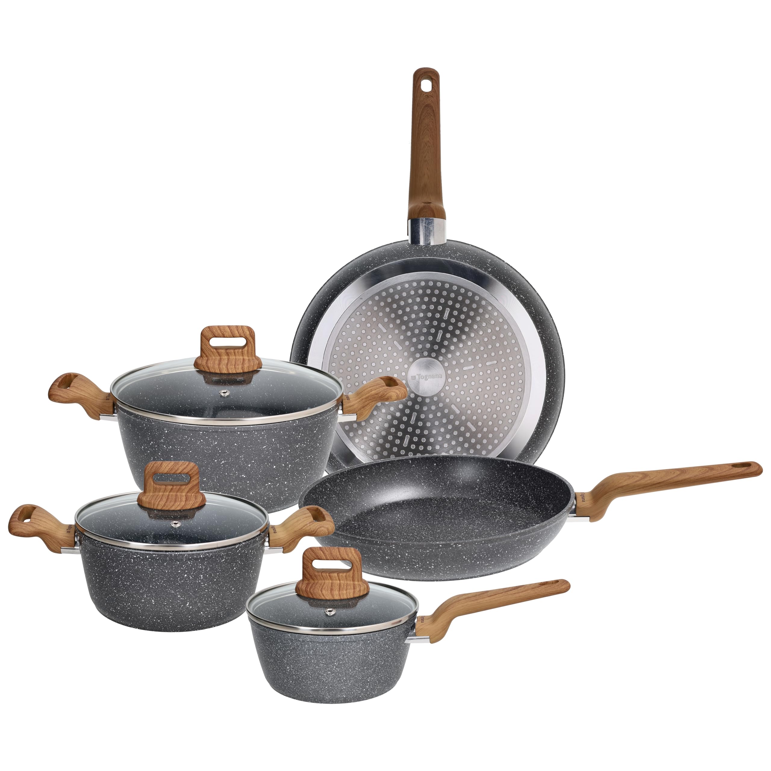 Tognana Wild Stone, batteria di pentole e padelle 8 pezzi, alluminio forgiato, grigio