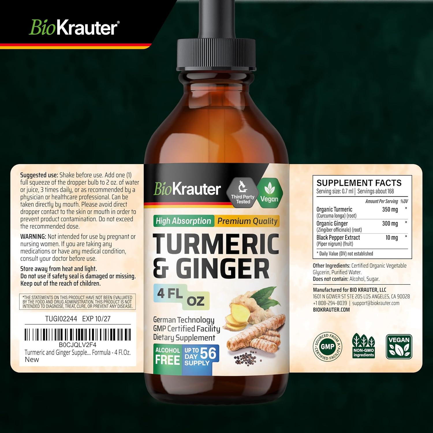BIO KRAUTER® Turmeric and Ginger Supplement - Pure Vegan Liquid Turmeric & Ginger Tincture with Pepper 4 Fl.Oz 56 Days of Supply - Curcumin Drops for Joint Support, Antioxidant & Immune Support
