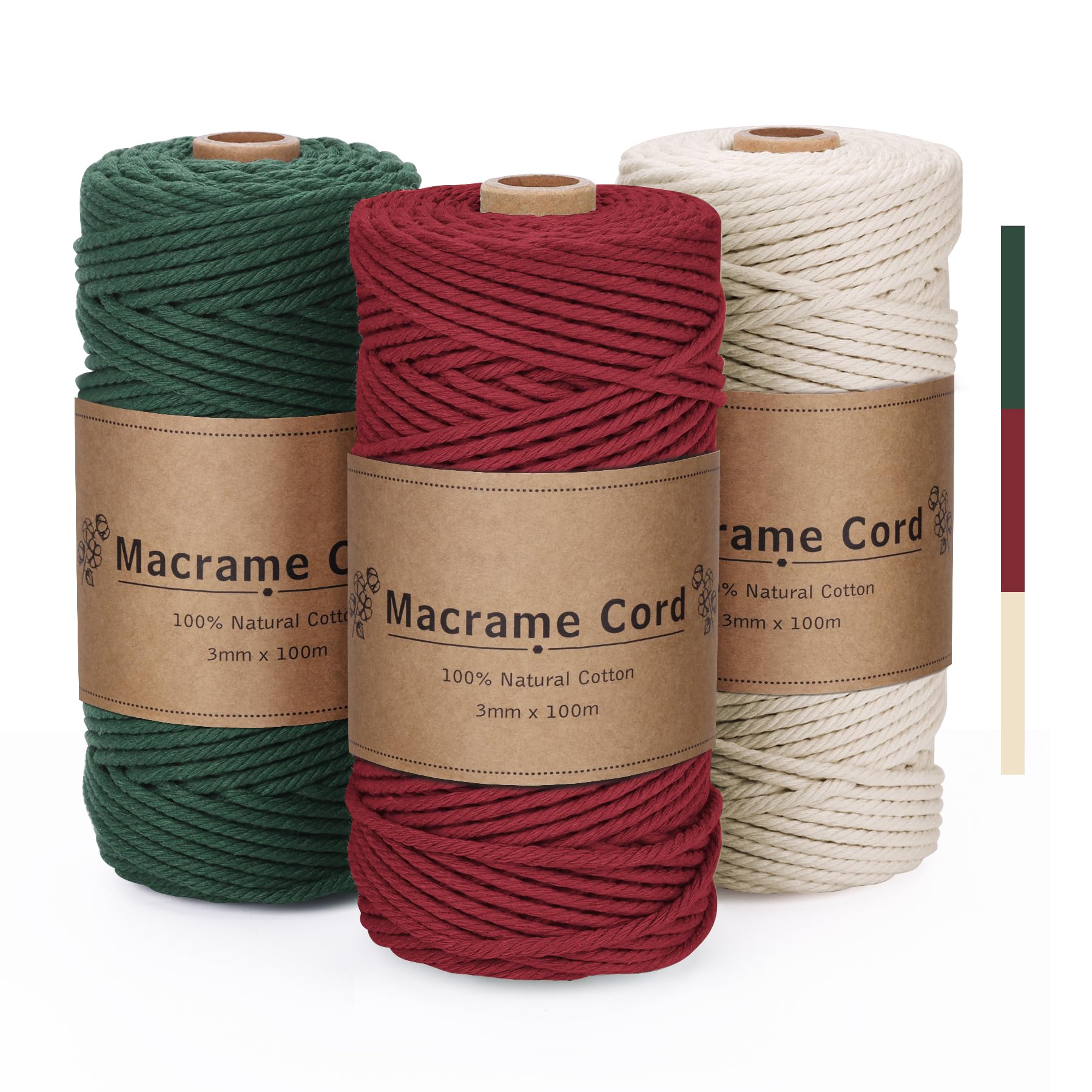 PUWOWYE 3 Stück Makramee Garn 3mm, Makramee Garn Set Rot Grün Beige, Makramee Baumwollgarn 3mm Natur für Weihnachten Basteln Stricken Boho Deko DIY Handwerk Weihnachtstag, 3x100M