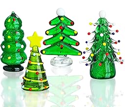 HDCRYSTALGIFTS Set 4 Blown Glass Christmas Tree Figurine Collectible 2.5'' Art Glass Statue Holiday Decoration Sculpture Festival Gifts Home Arts