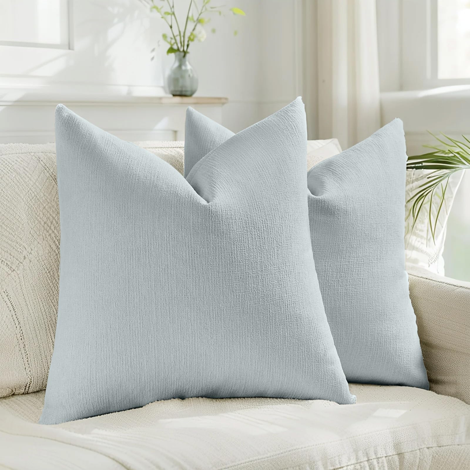 HAUSSY Dusty Blue Throw Pillow Covers 18x18 Inch Set of 2 Boho Decorative Faux Linen Throw Pillows Cozy