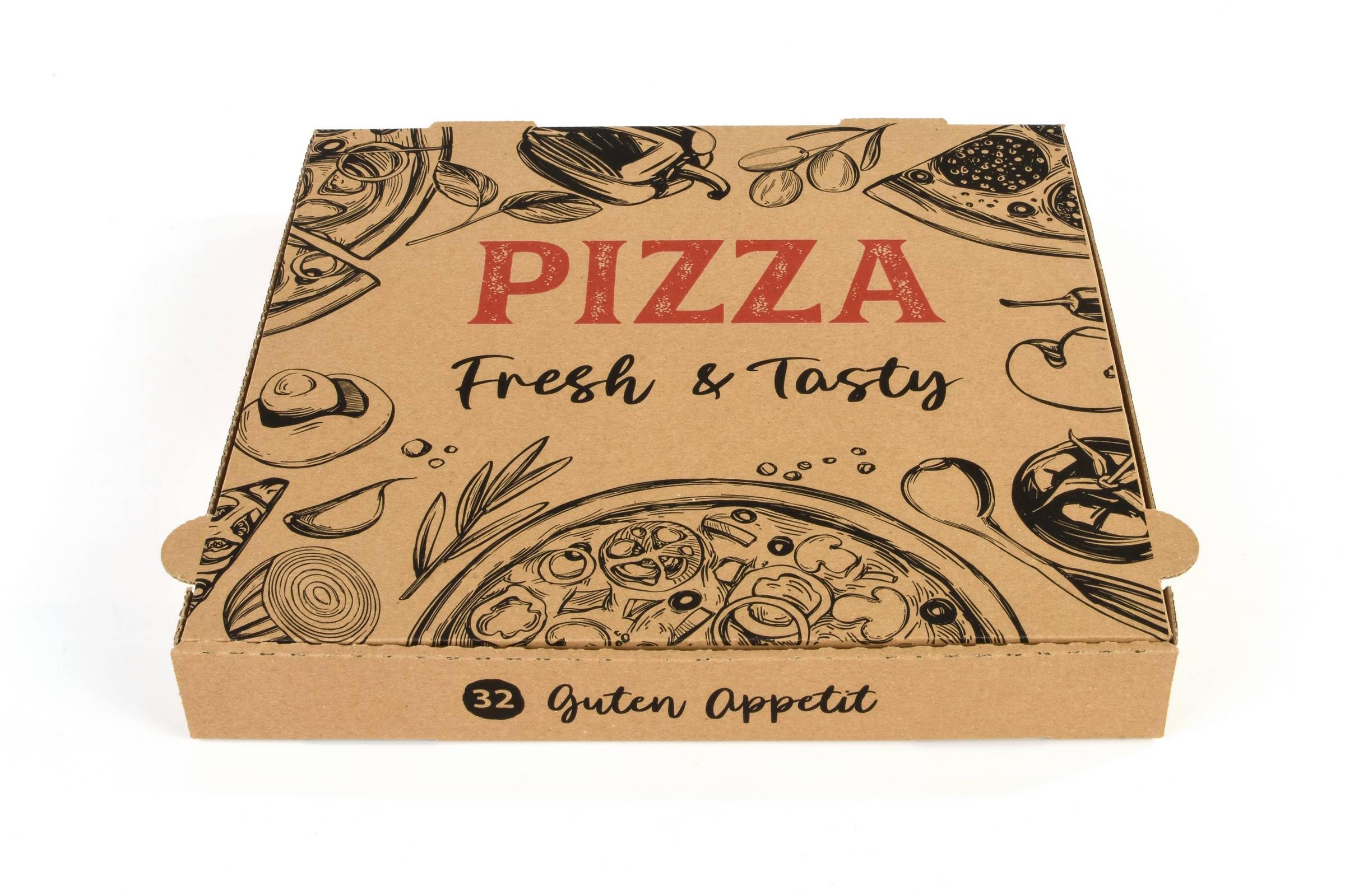Hypafol Pizza-Box 100 Stück 32x32x4cm I Pizzakartons für Restaurants I extra Luftlöcher & raffinierte Falzung I lebensmittelecht I recycelte Kartonage I braun I viele Größen
