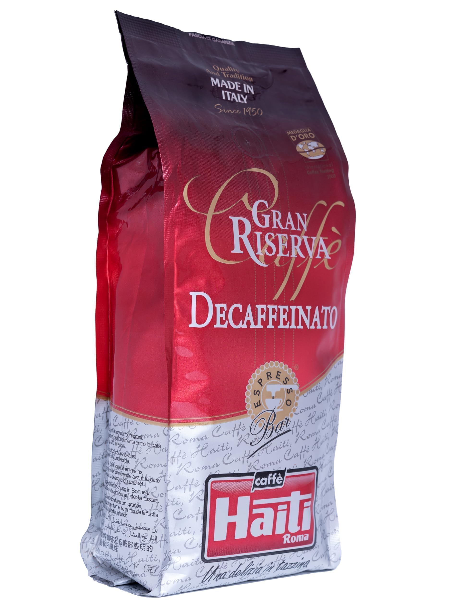 Caffè Haiti Roma Gran Riserva Café Espresso Descafeinado, Made in Italy, en grano en paquete de 2 x 500 g