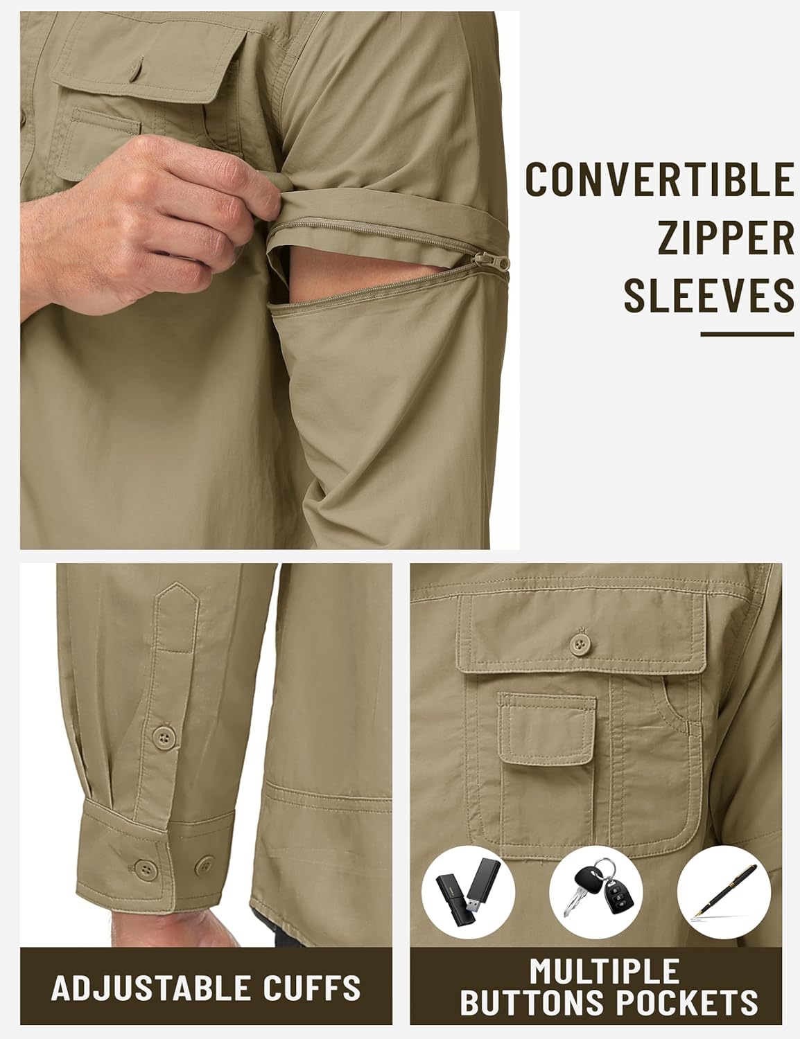 TACVASEN Men's Convertible Long Sleeve Fishing Shirts Lightweight Quick Dry Button Up Tactical Sun Shirts for Safari Hiking