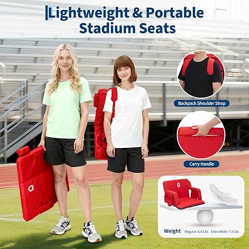 Miniatura 4 de Asientos de estadio plegables de 20.5 pulgadas de ancho con respaldo reclinable y reposabrazos, sillas de gradas acolchadas portátiles con
