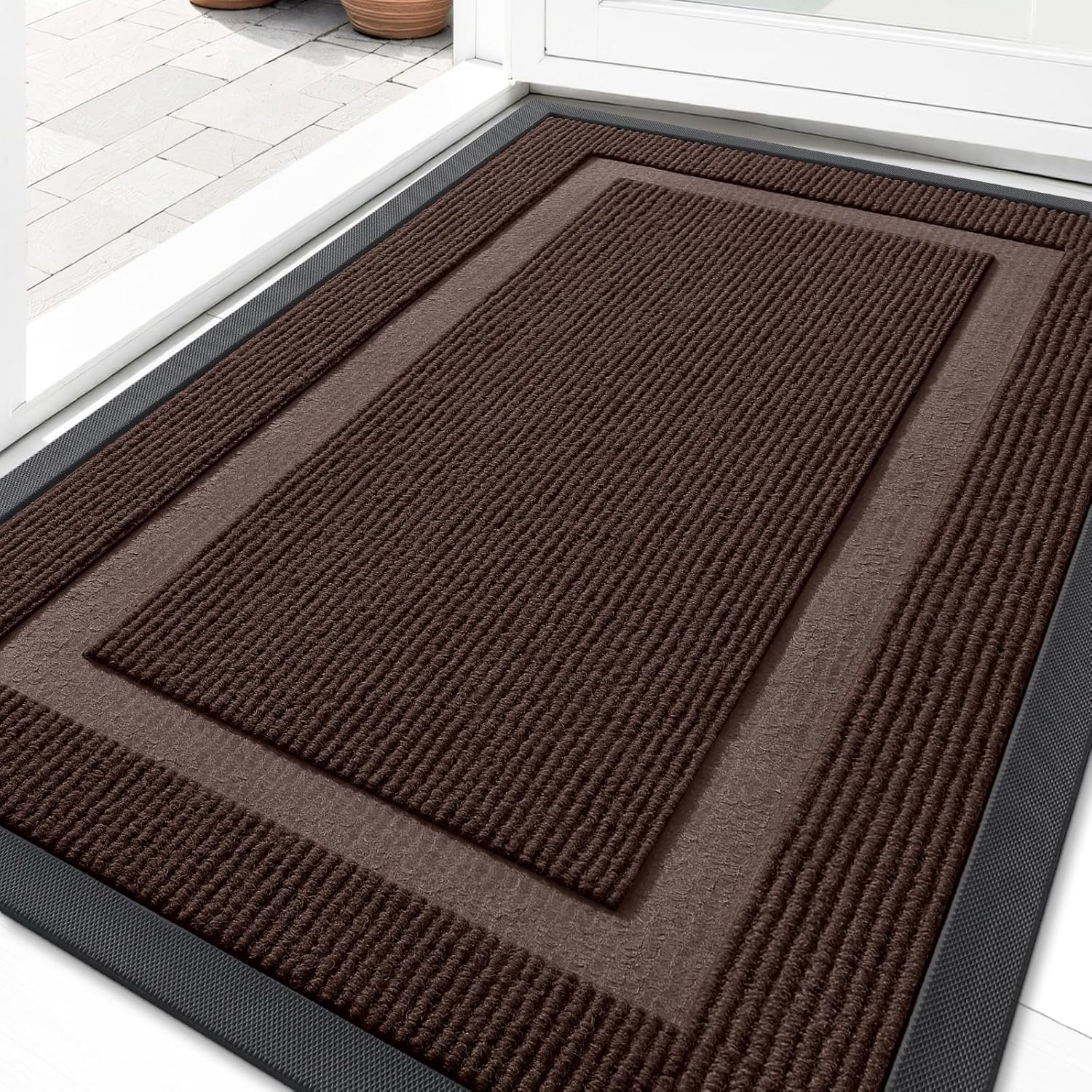 OLANLY Front Door Mat Indoor Outdoor Entrance, Waterproof All-Season, All-Weather Doormat, Sturdy Natural Rubber, Fade Resistant, Low Profile, Easy Clean Patio Porch Entryway Mat, 29.5x17, Dark Brown Dark Brown Classic Border Rectangular 29.5" x 17"