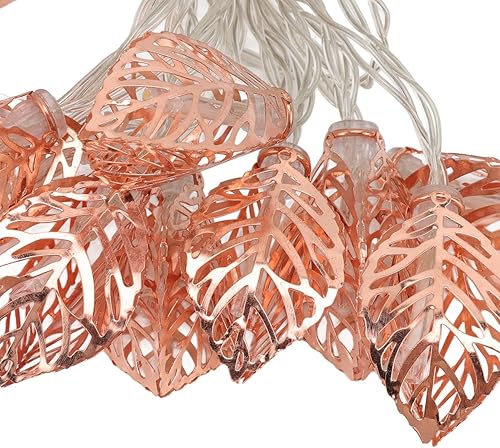 Miniatura 9 de Guirnalda de luces de hojas, 20 luces LED en total, color oro rosa para interiores y exteriores, funciona con pilas, cadena de luces de hojas para