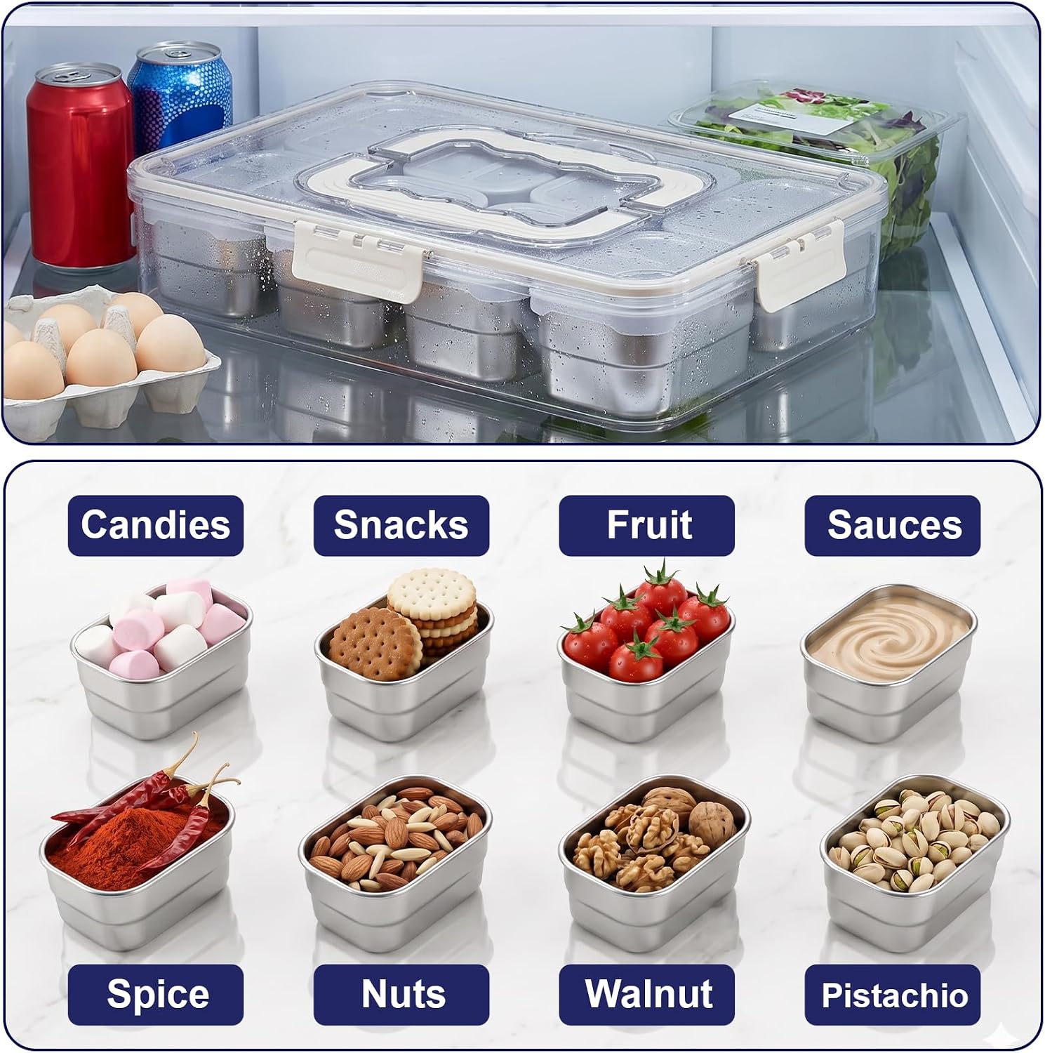 Snackle Box Container, 8-Compartment Stainless Steel Divided Serving Tray with Lid and Handle, Large Snack Tray for Fruit Veggie Candy