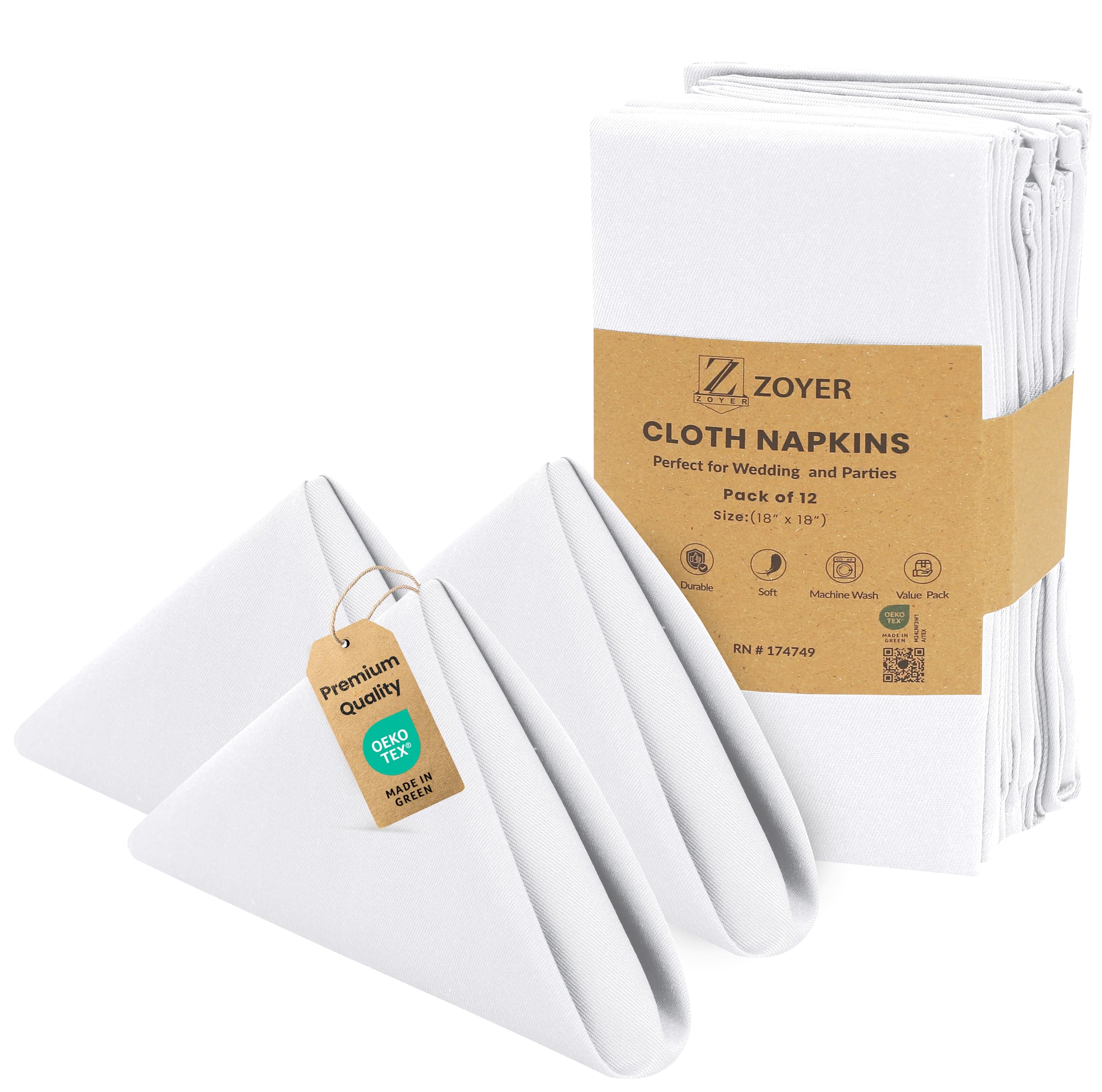 Zoyer Set di 12 tovaglioli di stoffa, 45 x 45 cm, in cotone, lavabili, morbidi e resistenti, per feste, matrimoni, Natale, Ringraziamento e uso quotidiano, colore: bianco