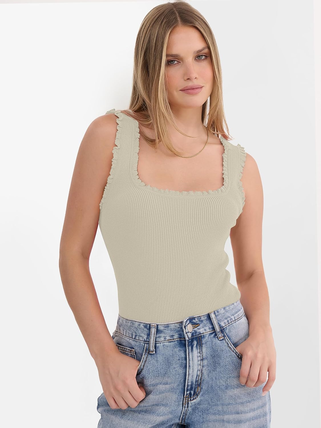 ANRABESS Tank Tops for Women Summer 2026 Square Neck Ruffle Straps Ribbed Knit Slim Fit Casual Cute Sleeveless Sweater Tank - Image 2