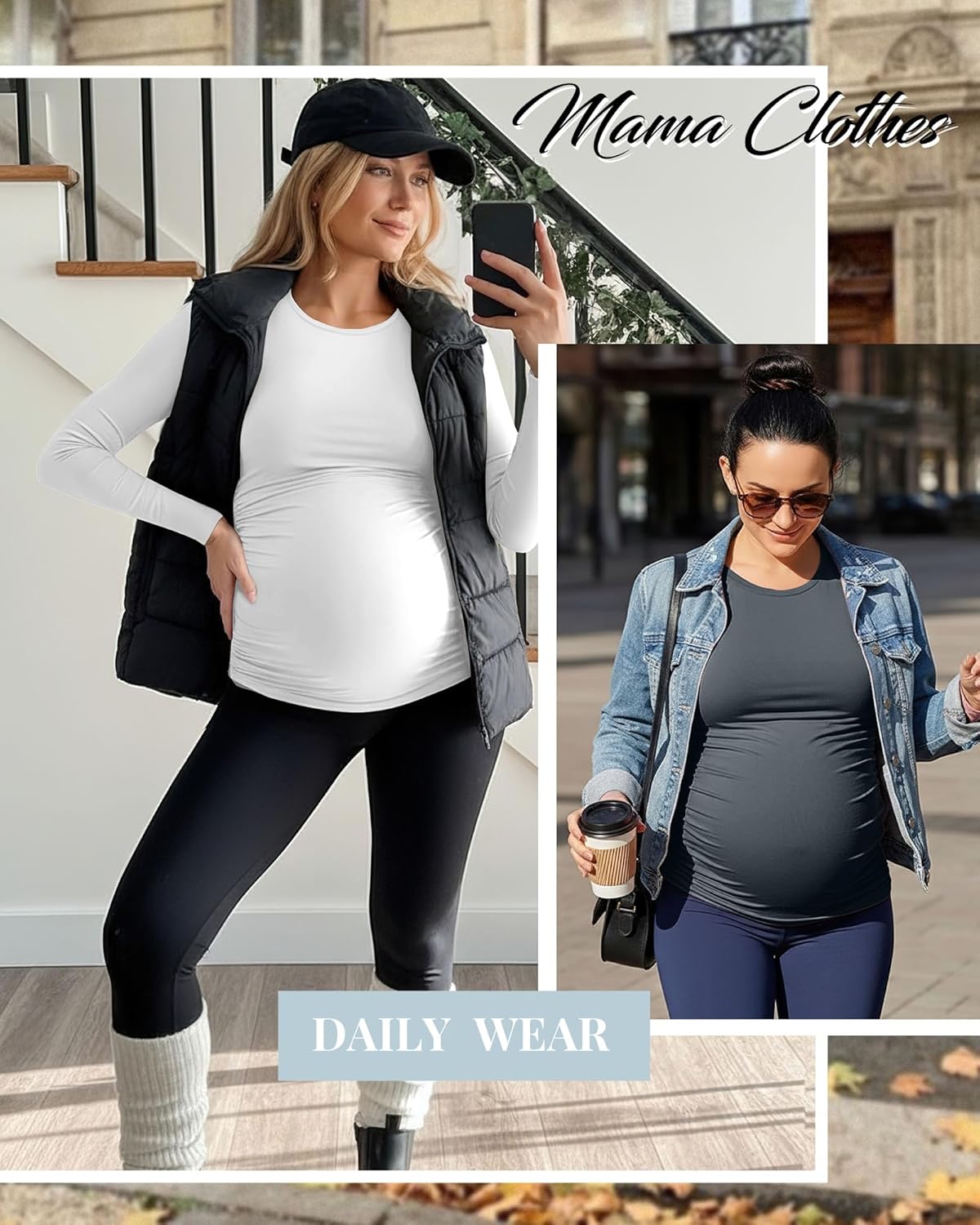 Huukeay 4 Pack Women's Maternity T Shirts, Long Sleeve Side Ruched Pregnancy Top Crew Neck Bodycon Shirts Casual Mama Clothes - Image 4