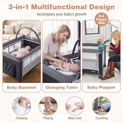 Miniatura 4 de BABY JOY 3 en 1 Pack and Play, cuna de viaje para bebé, cambiador con cinturón de seguridad, barra de juguetes, ruedas con bloqueo, corral portátil